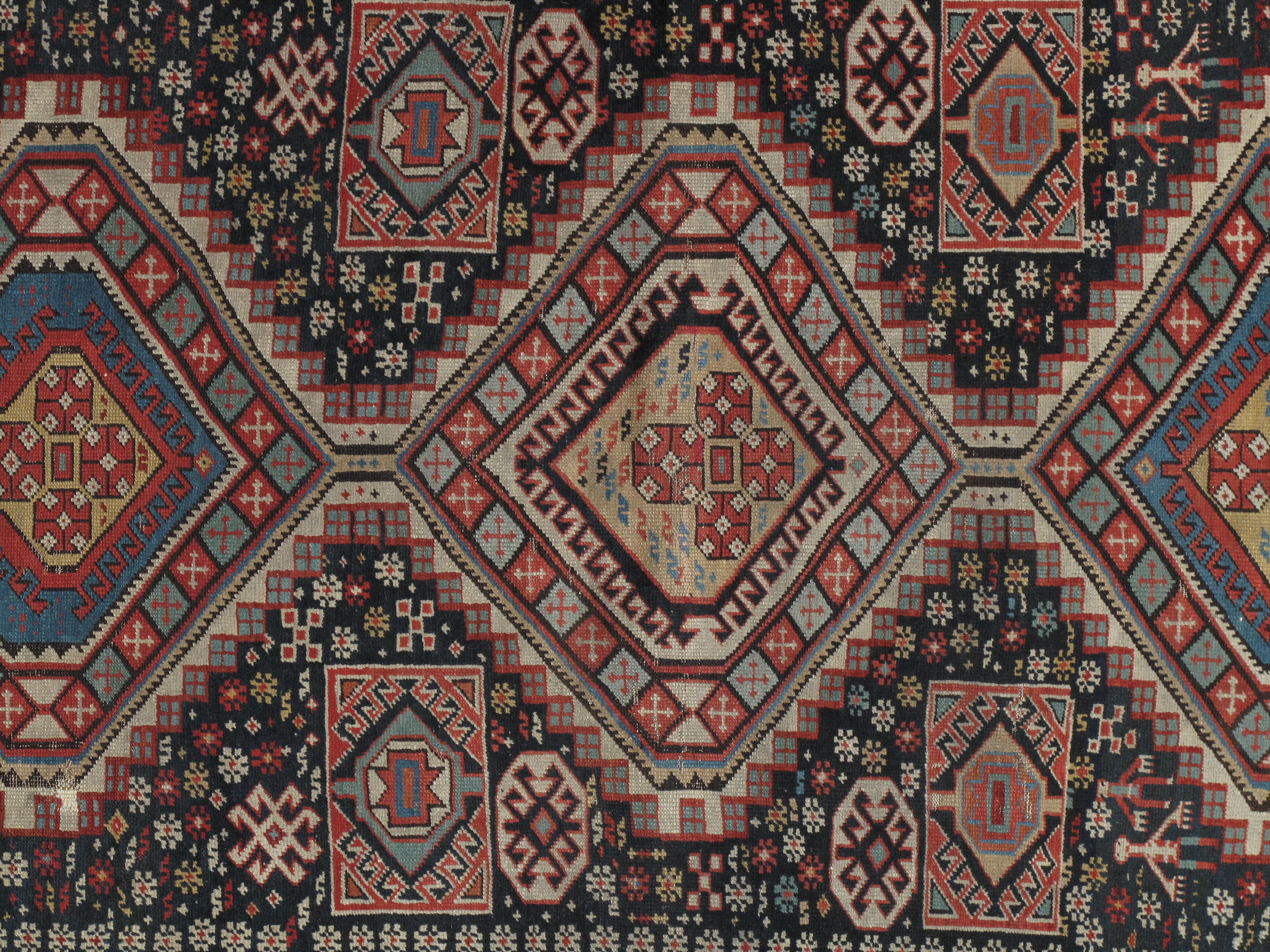 Kazak Antique Shirvan Rug, Hand Knotted, Wool Oriental Rug Navy Blue, Red, Beige, Grey For Sale