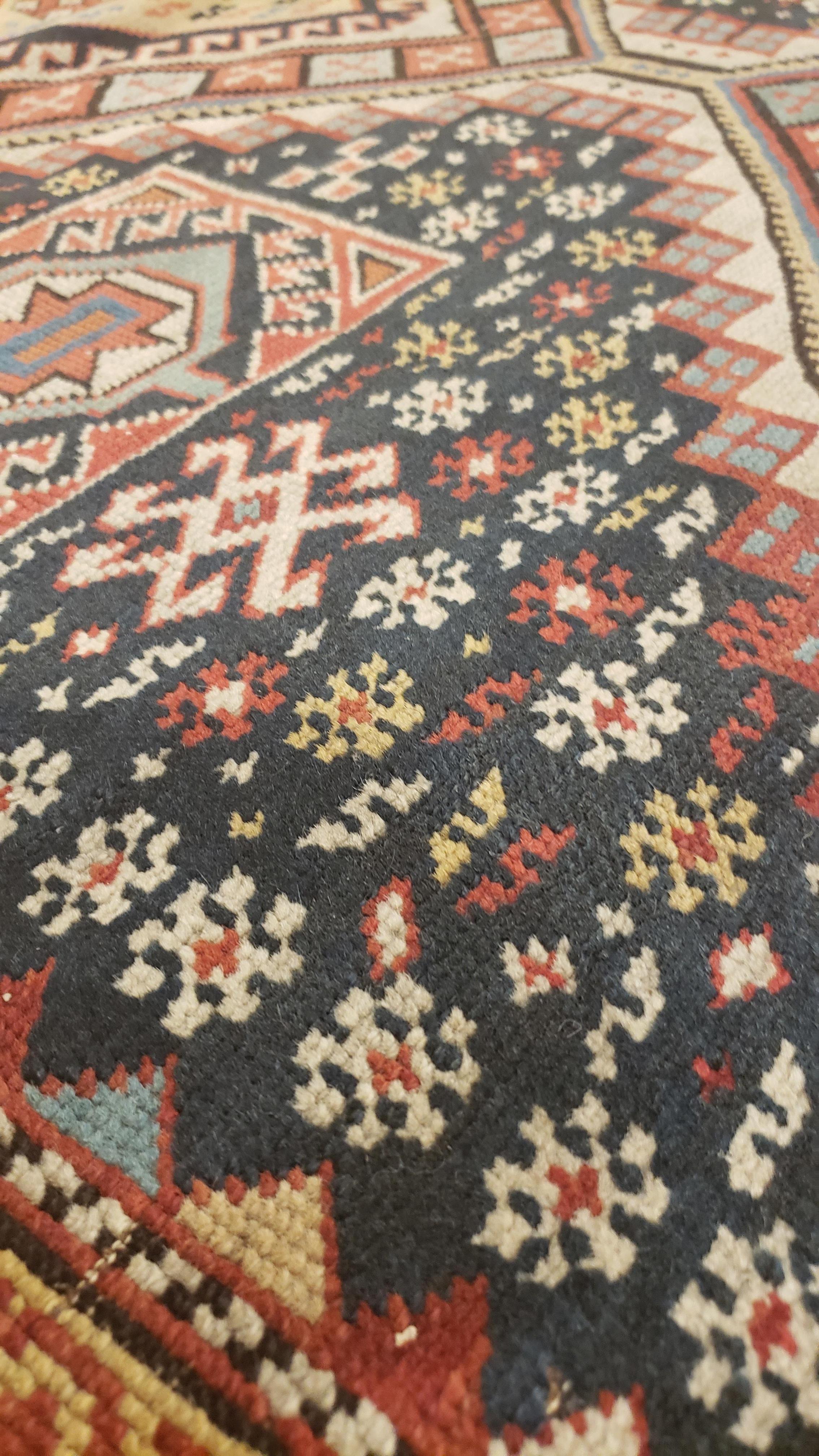 Russian Antique Shirvan Rug, Hand Knotted, Wool Oriental Rug Navy Blue, Red, Beige, Grey For Sale