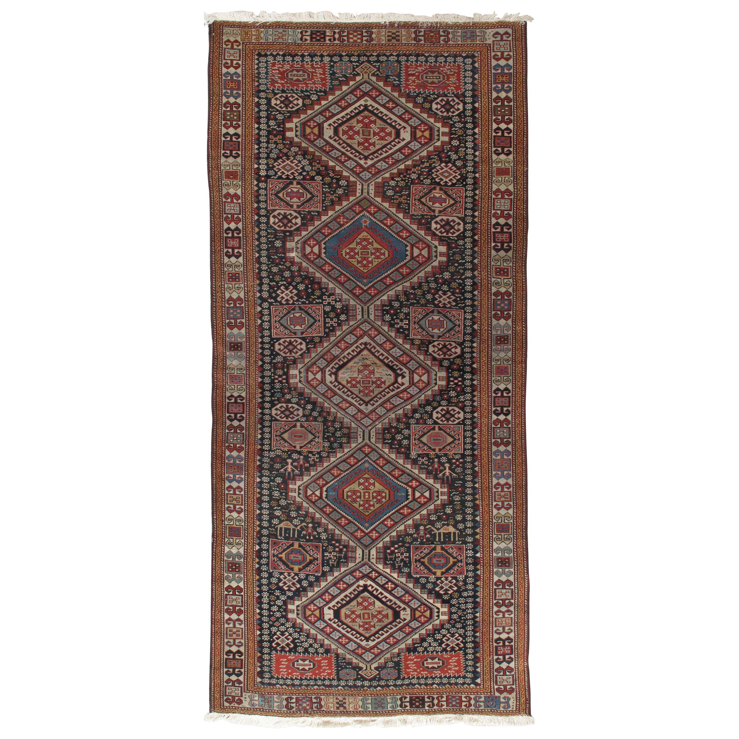 Antique Shirvan Rug, Hand Knotted, Wool Oriental Rug Navy Blue, Red, Beige, Grey