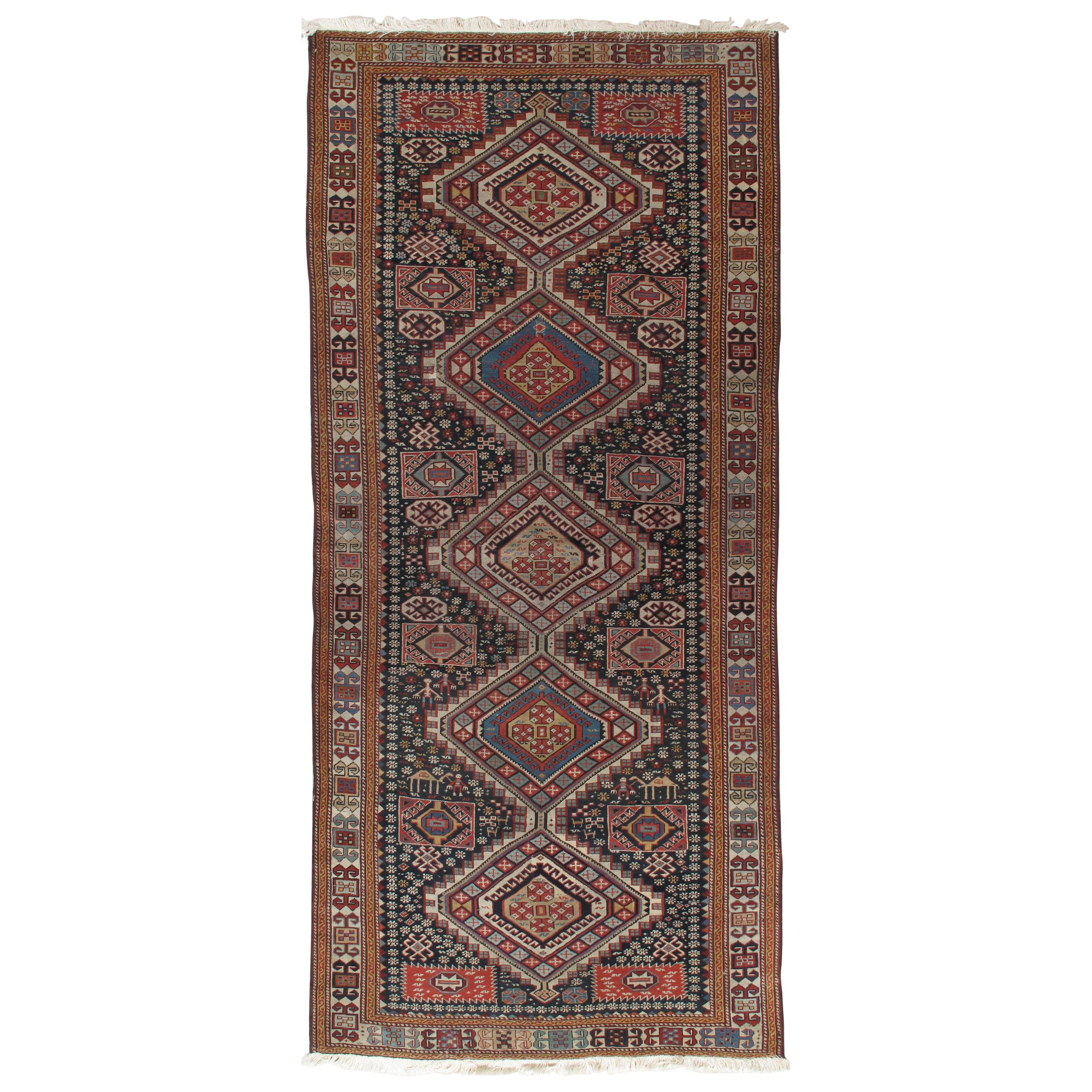 Tapis Shirvan ancien, noué à la main, laine orientale bleu marine, rouge, beige, gris