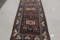 Antique Shirvan Rug in Red and Blue Geometric Pattern Wool Runner by Rug & Kilim