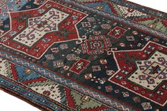 Antique Shirvan Rug in Red and Blue Geometric Pattern Wool Runner by Rug & Kilim