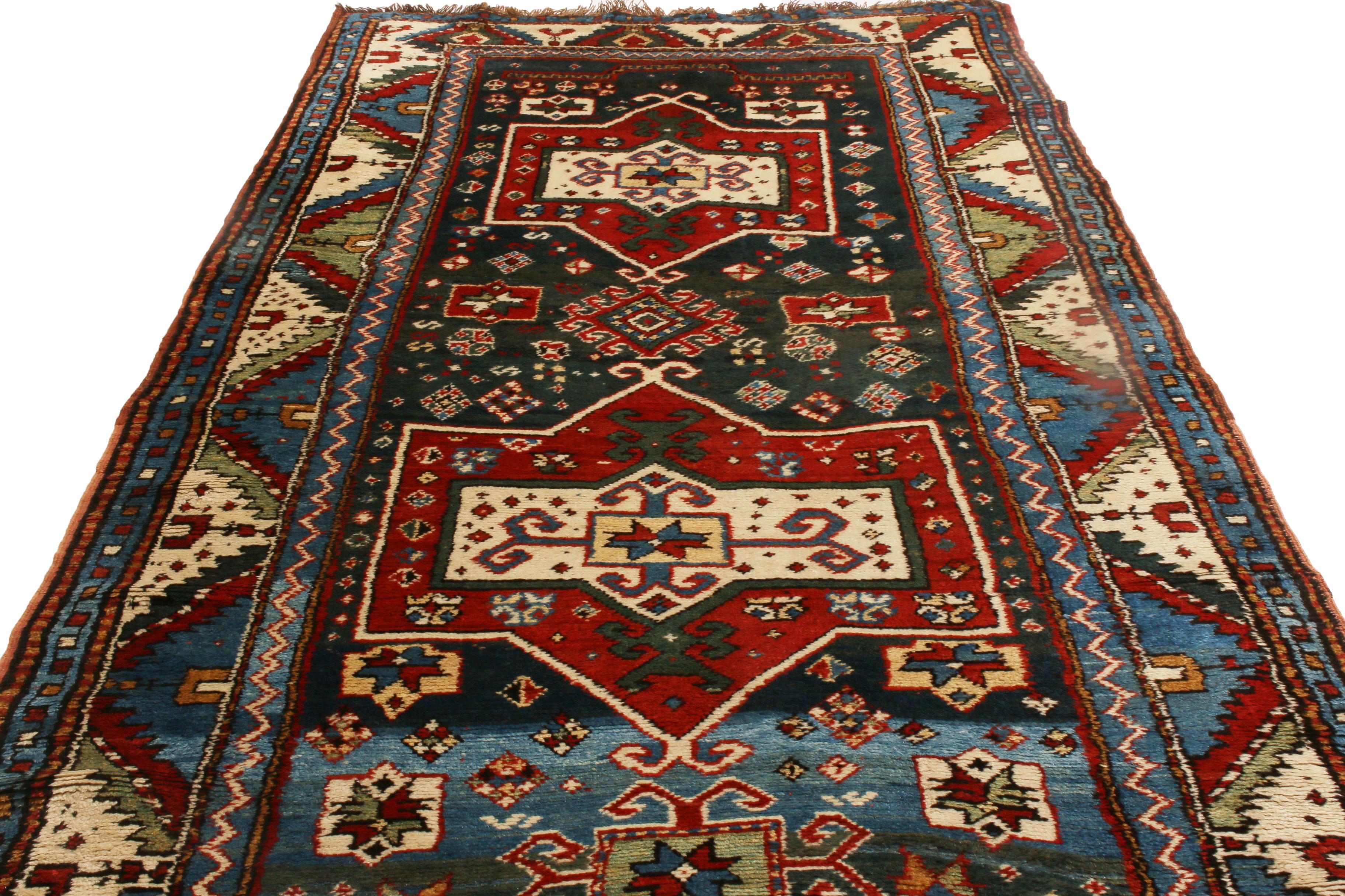 Originating from Russia between 1890-1900, this antique Shirvan runner has one of the widest varieties of eastern symbols, including eight-pointed stars, elibelinde, ram’s horns, Goz, and hooks among many more. hand knotted in high-quality wool,