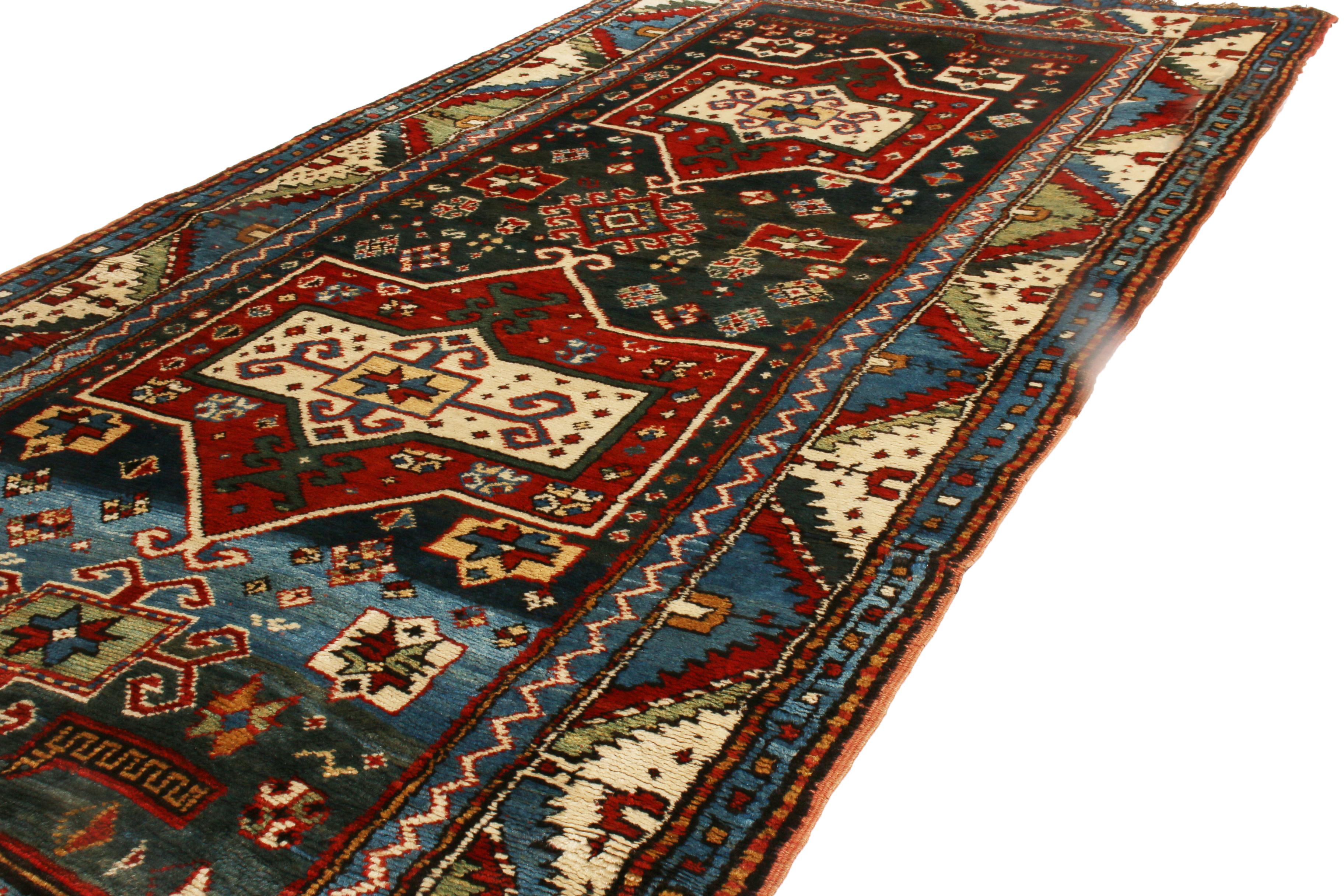 European Antique Shirvan Rug in Red and Blue Geometric Pattern Wool Runner by Rug & Kilim For Sale