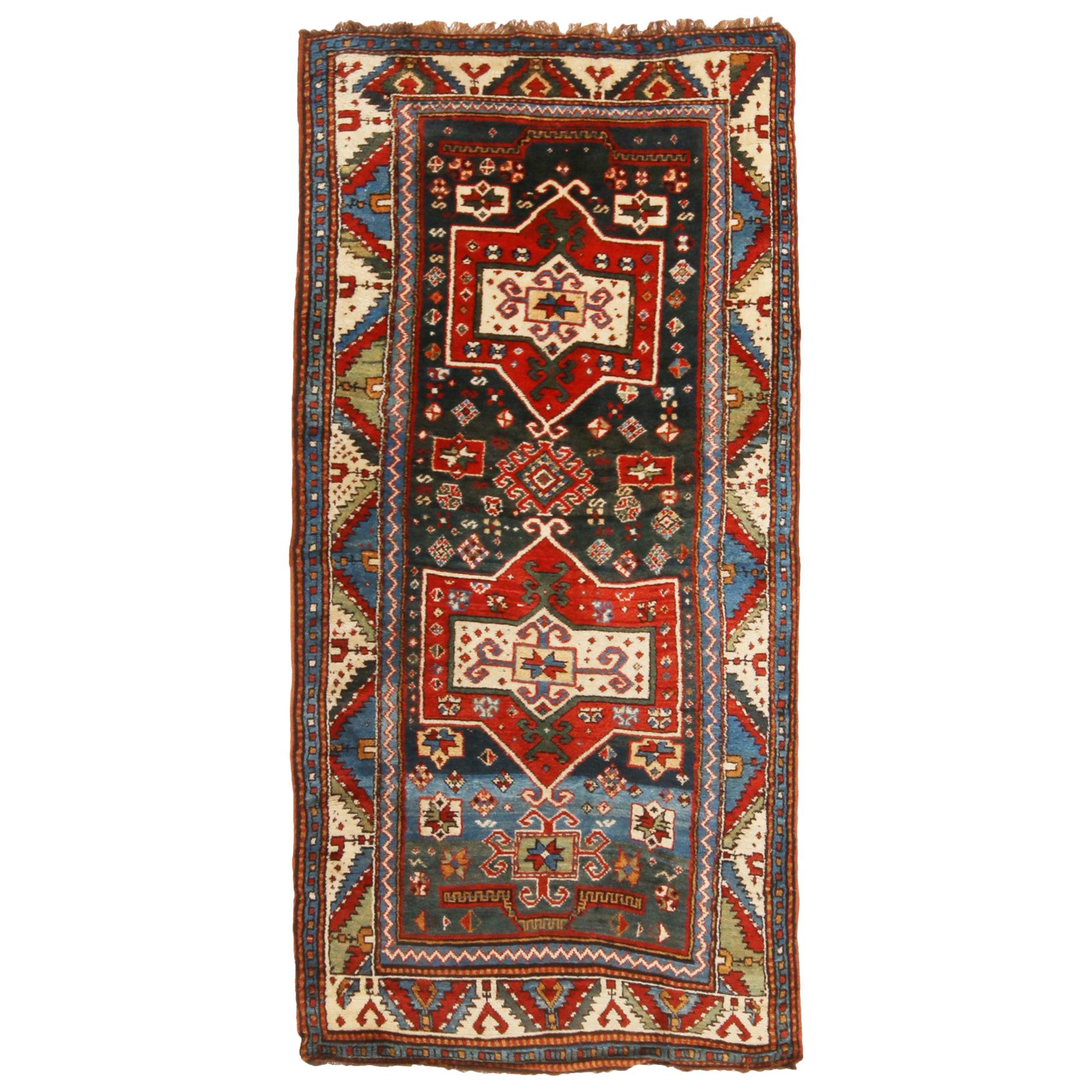 Antique Shirvan Rug in Red and Blue Geometric Pattern Wool Runner by Rug & Kilim For Sale