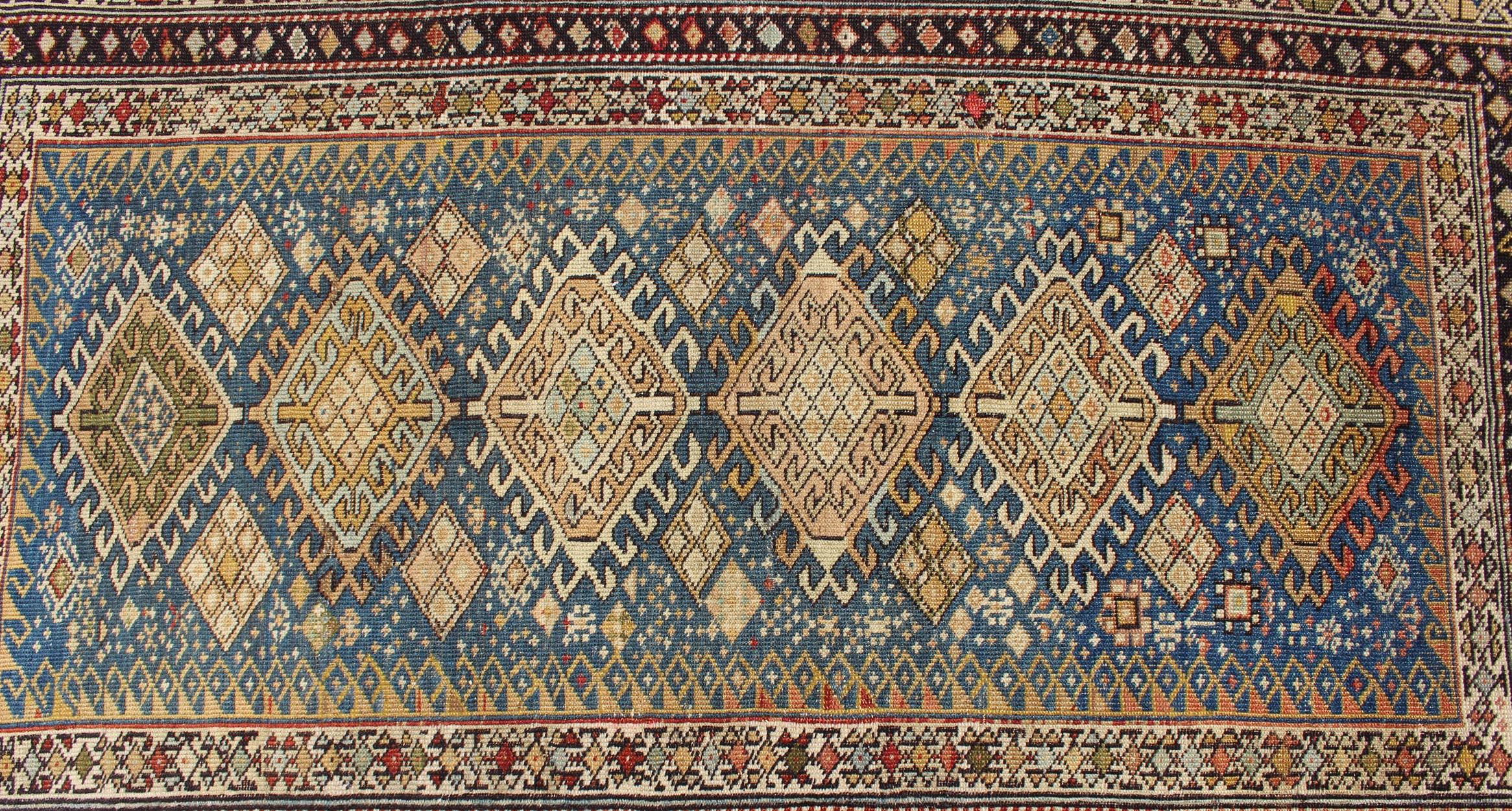 Late 19th Century Antique Shirvan Rug in Teal Blue Background with Exquisitely Intricate Design For Sale