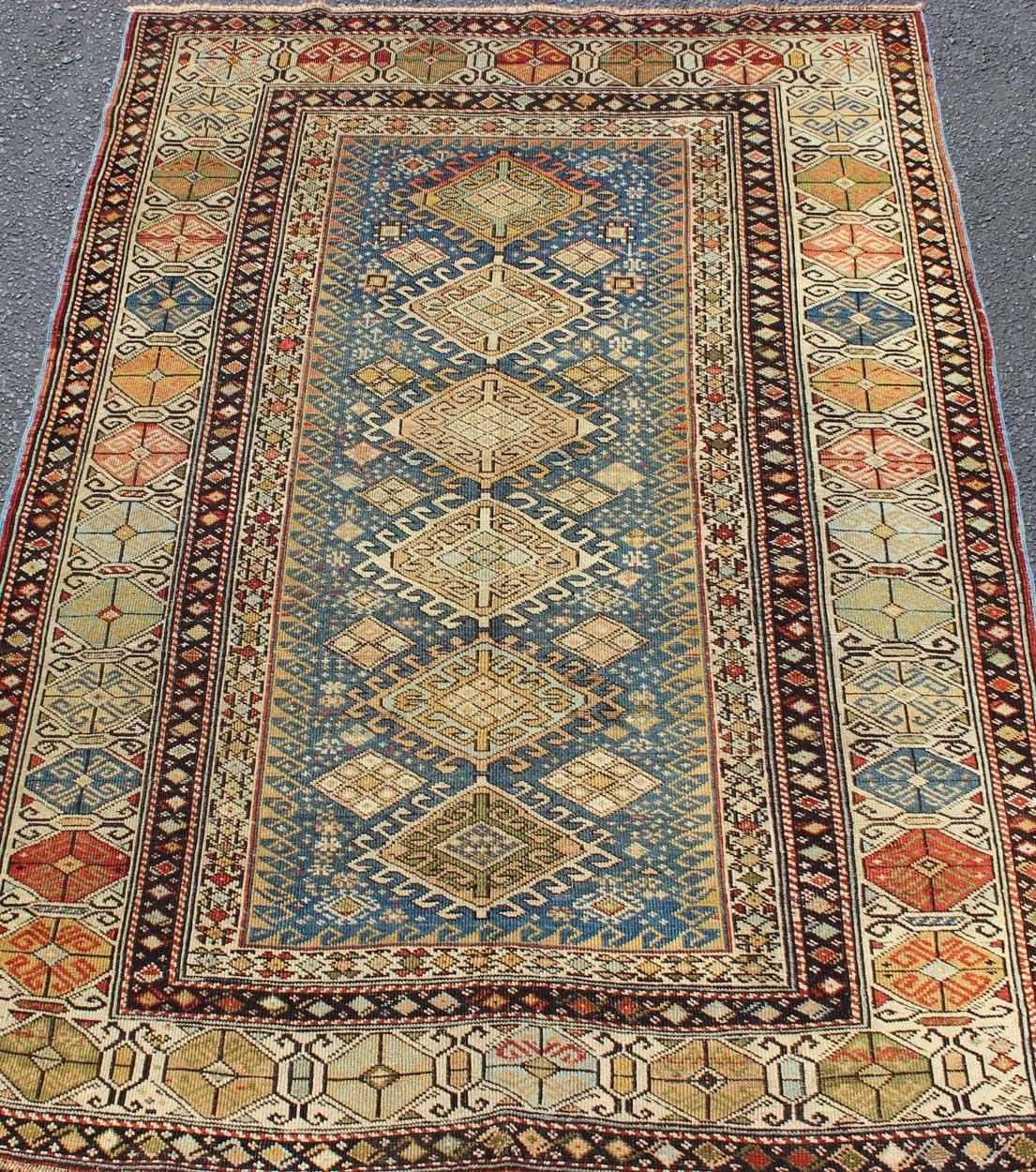 Hand-Knotted Antique Shirvan Rug in Teal Blue Background with Exquisitely Intricate Design For Sale