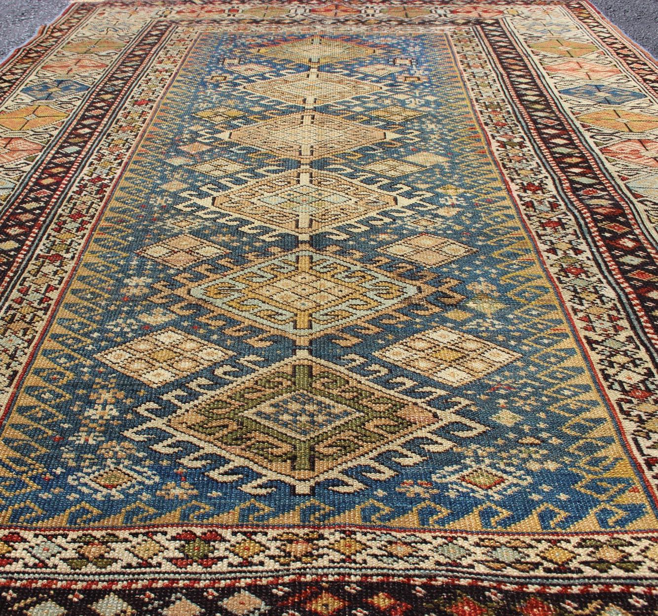 Antique Shirvan Rug in Teal Blue Background with Exquisitely Intricate Design In Good Condition For Sale In Atlanta, GA