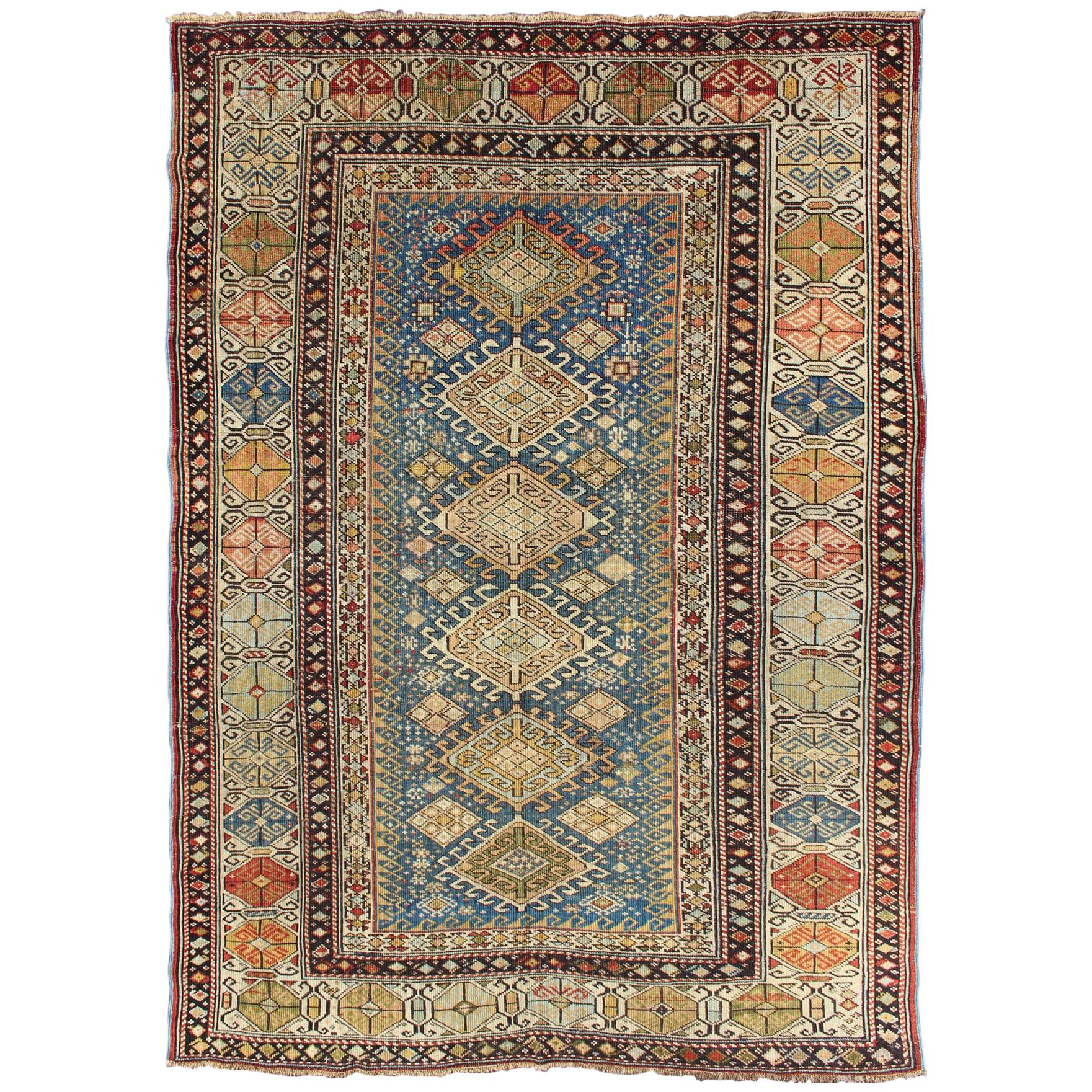 Antique Shirvan Rug in Teal Blue Background with Exquisitely Intricate Design For Sale