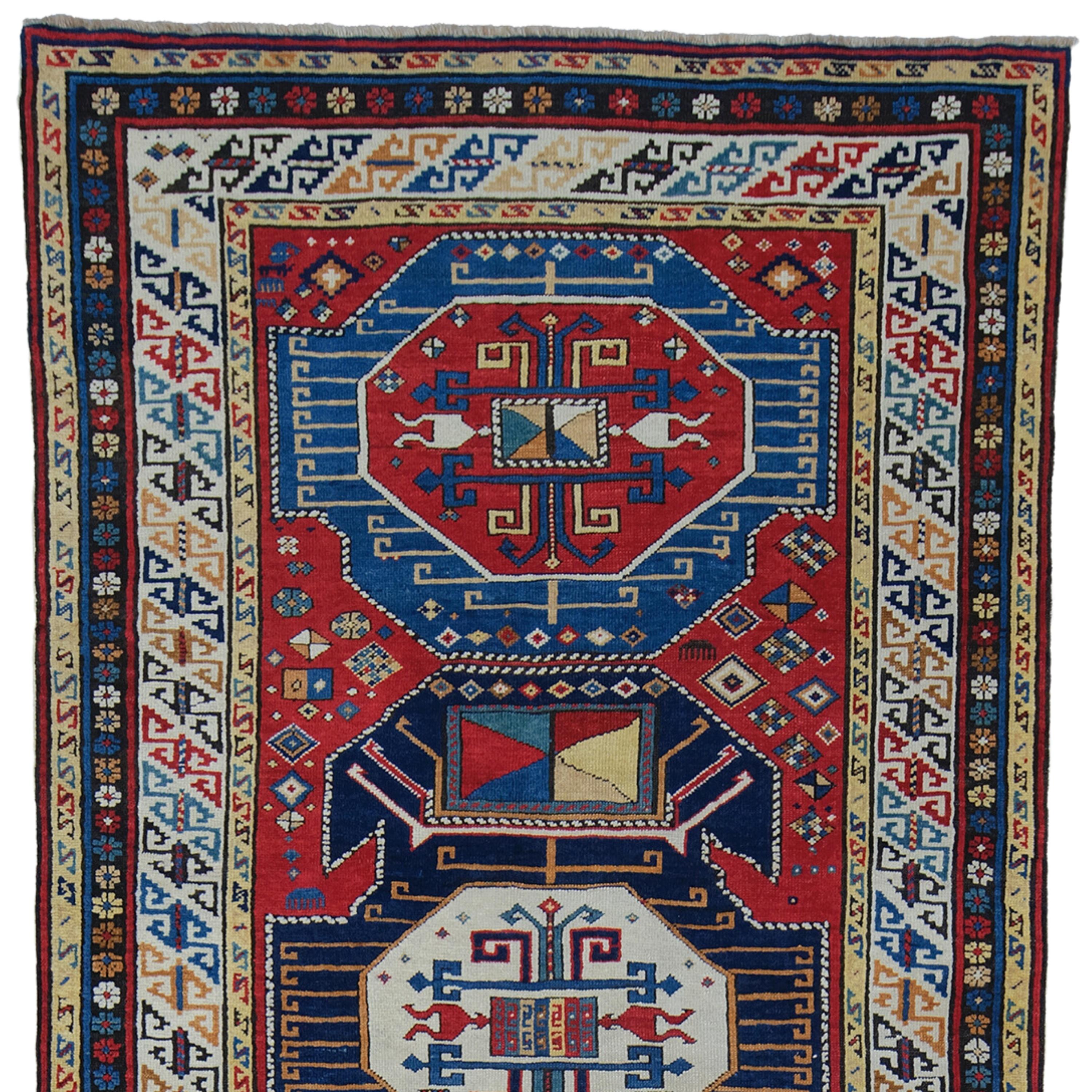 A Unique Work of Art: 19th Century Colorful Geometric Tribal Appearance Caucasian Shirvan Runner

If you want to add an authentic and artistic touch to your home, this antique rug is for you. This runner is a Colorful Geometric Tribal Appearance