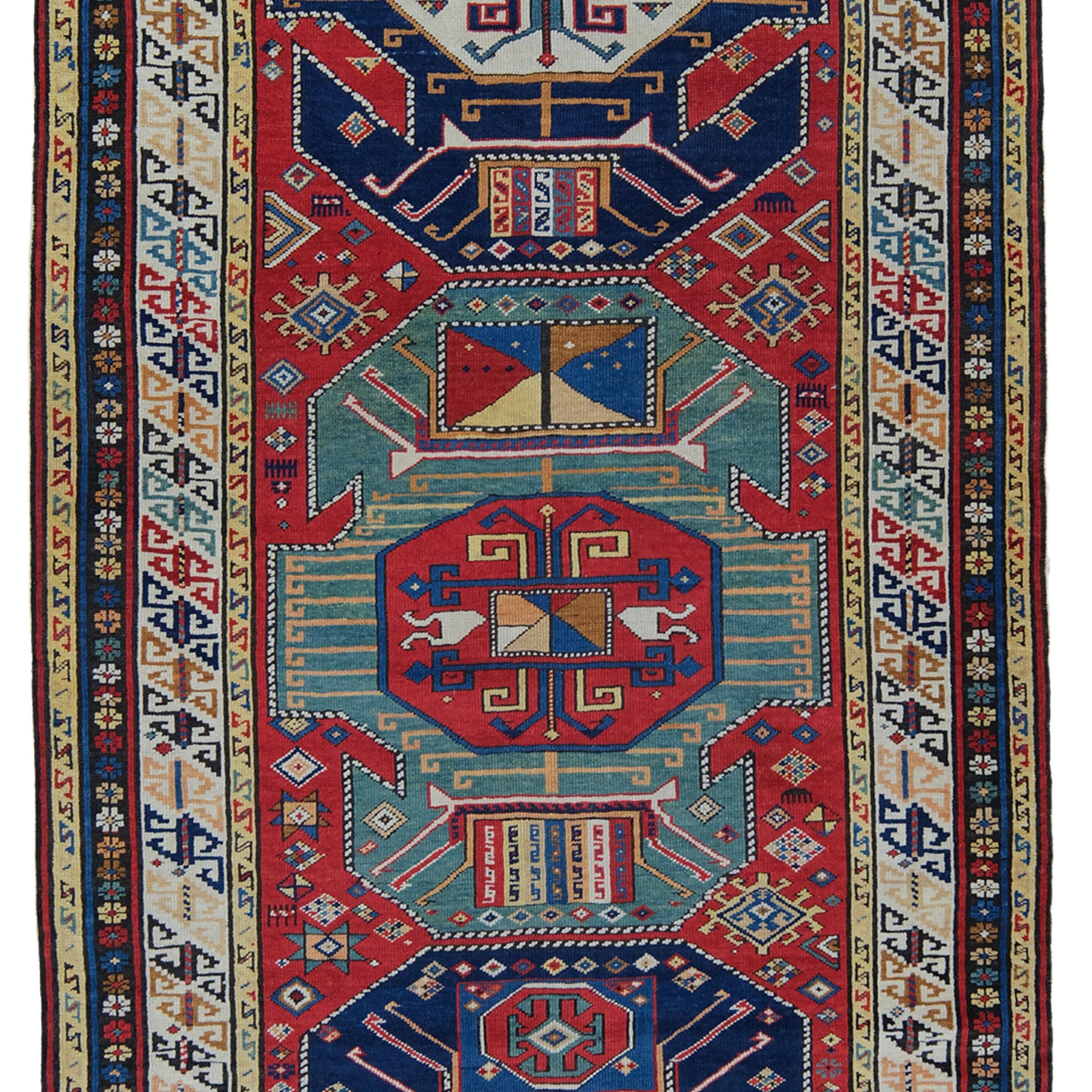 Antique Shirvan Runner - Colorful Geometric Tribal Looking Caucasian Runner In Good Condition For Sale In Sultanahmet, 34
