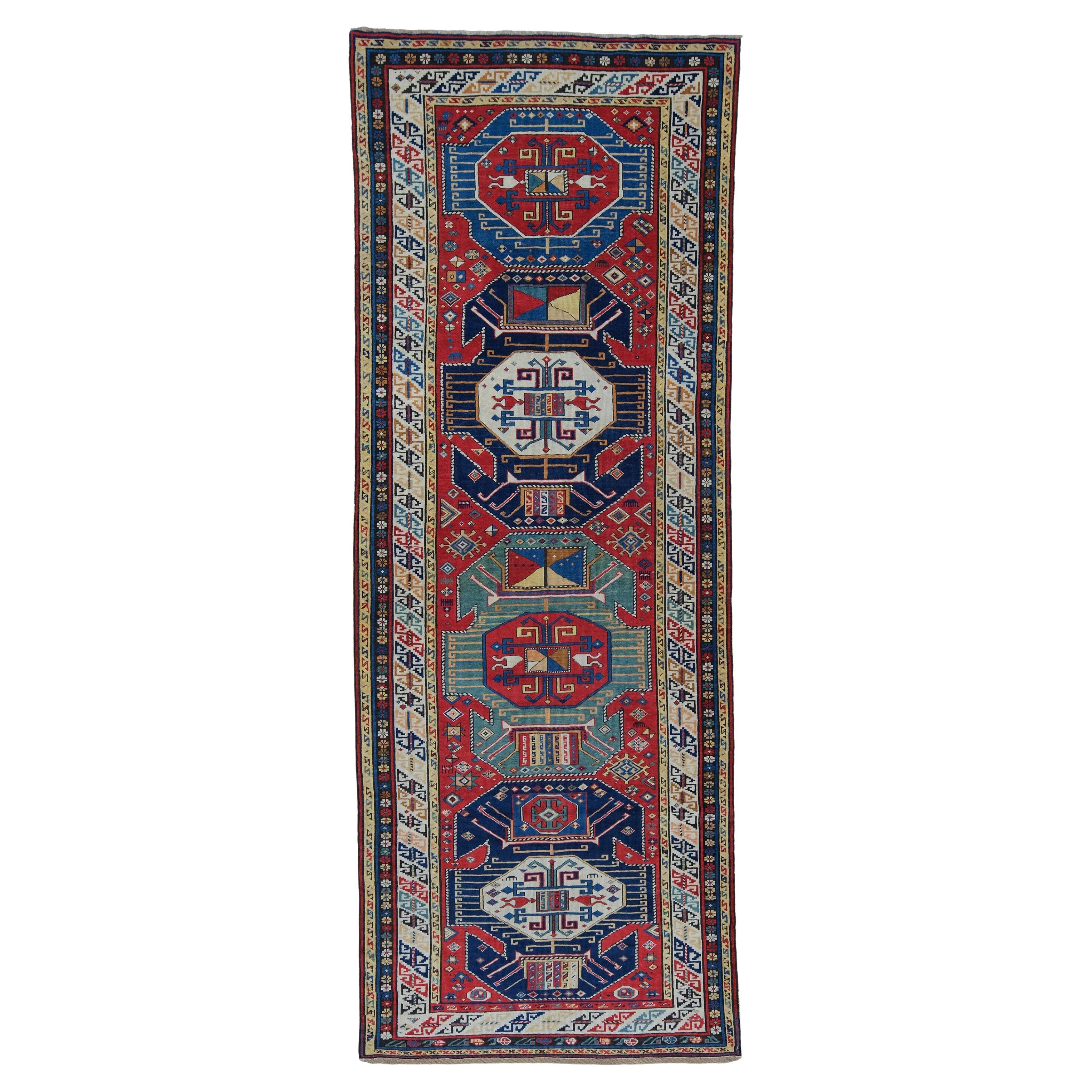 Antique Shirvan Runner - Colorful Geometric Tribal Looking Caucasian Runner For Sale