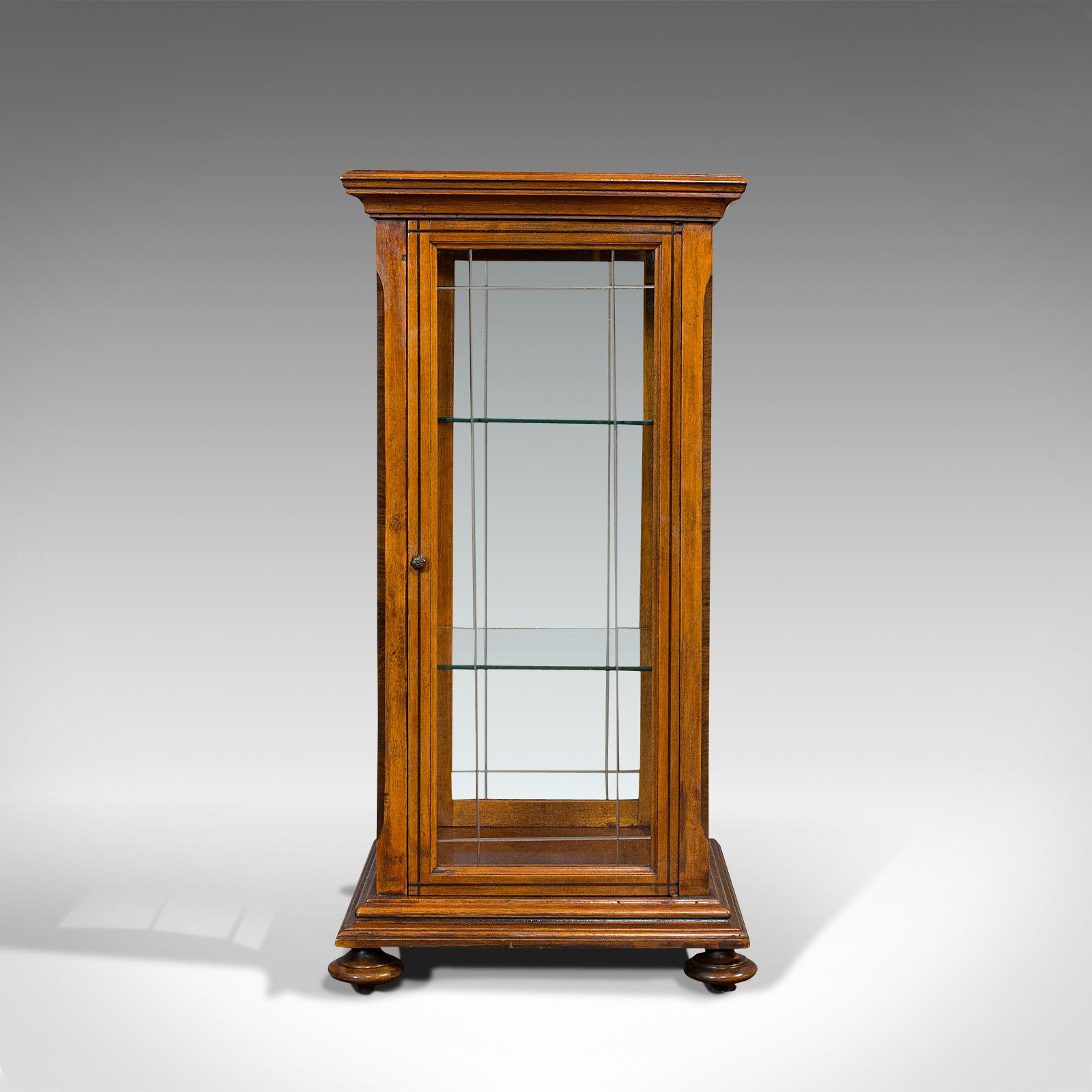 British Antique Shop Display Cabinet, English, Oak, Walnut, Showcase, Edwardian