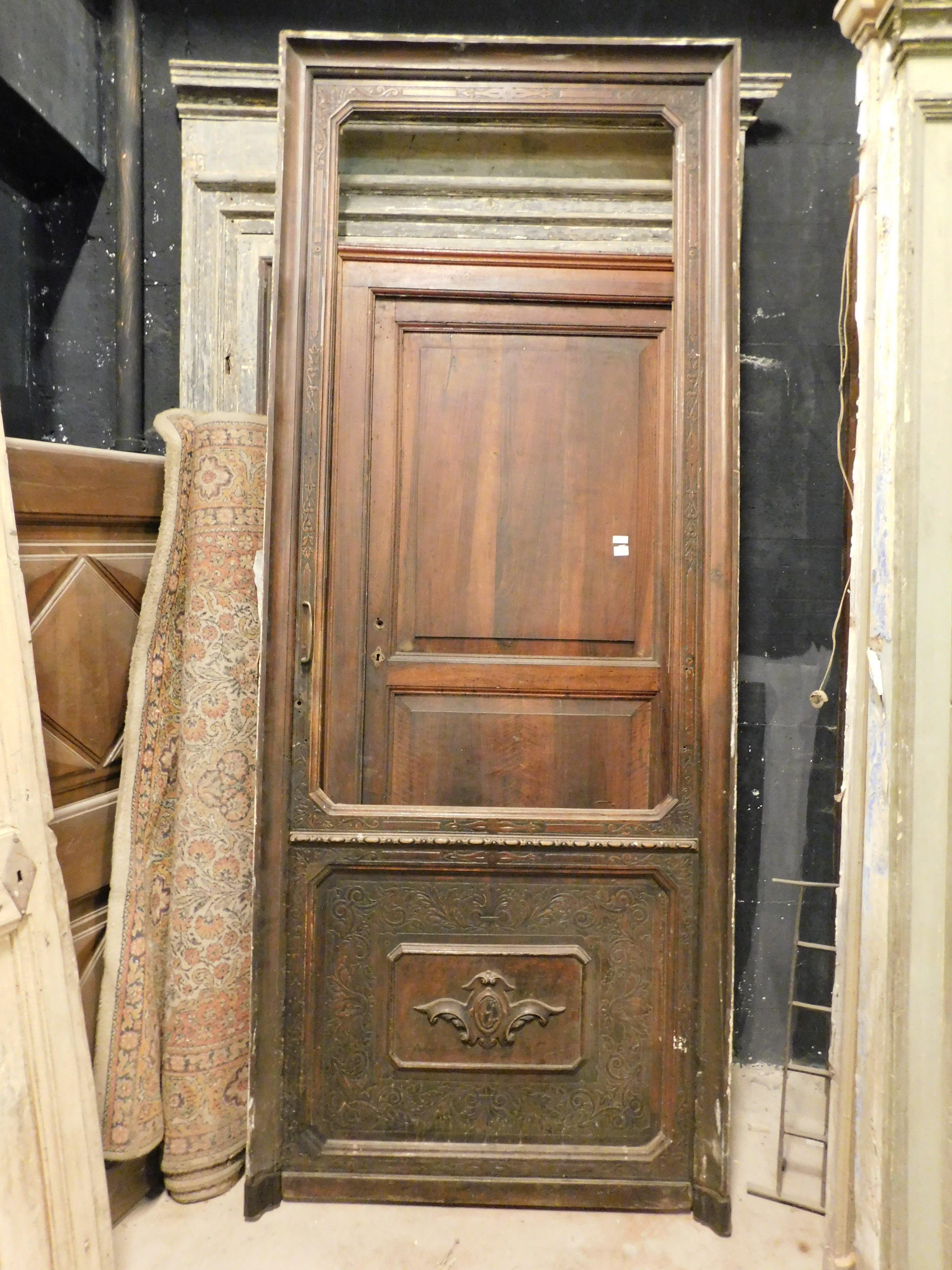 Italian Antique Shop Door in Carved Walnut with Frame, 19th Century, Italy For Sale