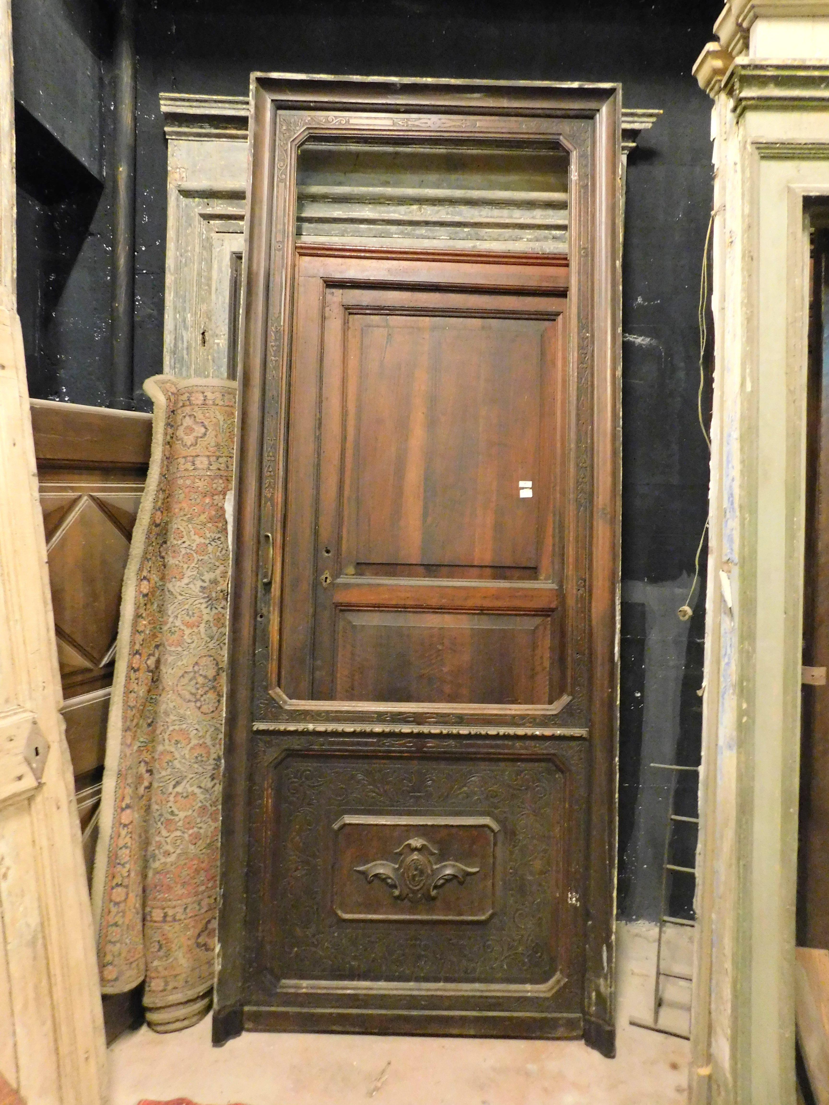 Hand-Carved Antique Shop Door in Carved Walnut with Frame, 19th Century, Italy For Sale
