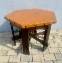 Antique " SHOP of THE CRAFTER " hex top table with leather top Stickley era.