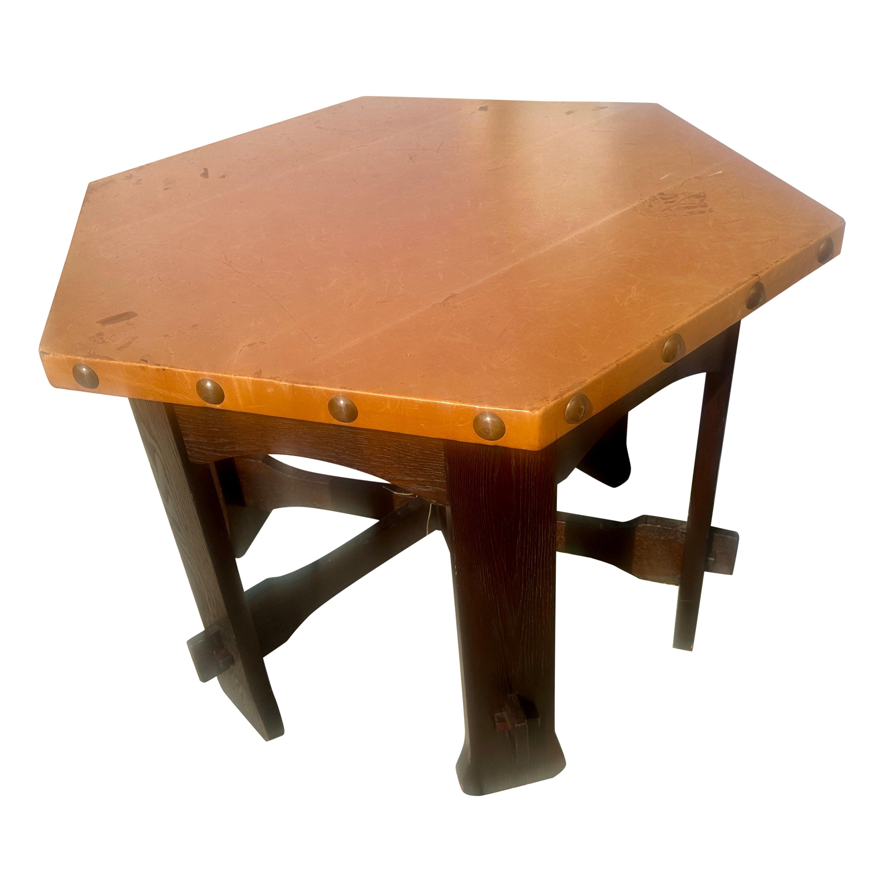 Antique " SHOP of THE CRAFTER " hex top table with leather top Stickley era. For Sale