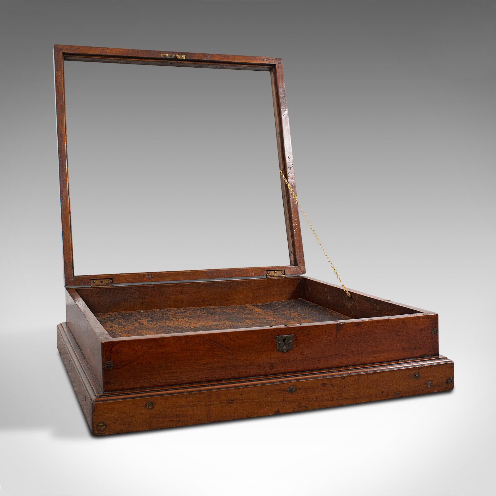 This is an antique shop's countertop bijouterie case. an English, walnut and glass retail display cabinet, ideal for jewelry, dating to the Victorian period, circa 1870.

Beautifully crafted Victorian display showcase
Displaying a desirable aged