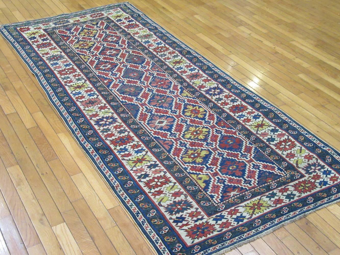 Hand-Knotted Antique Short Runner Caucasian Shirvan Rug For Sale