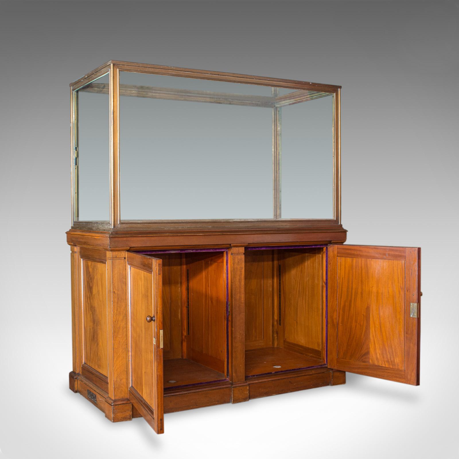 This is an antique showcase cabinet. An English, walnut and bronze display piece of museum quality and dating to the late 19th century, circa 1900.

Generous proportions and displays a desirable aged patina
Select cuts of walnut offer fine grain