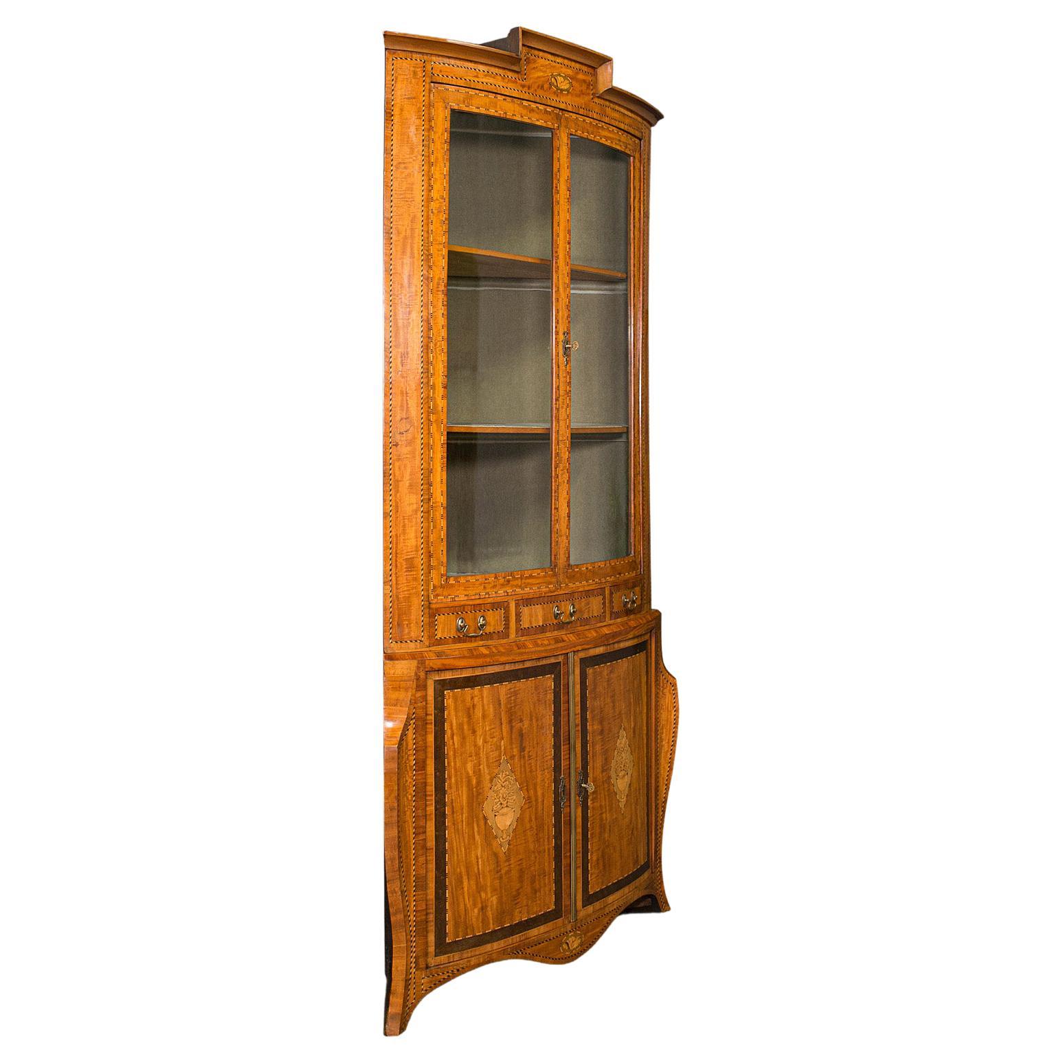 Antique Showcase Corner Cabinet, Dutch, Satinwood, Display Case, Victorian, 1880