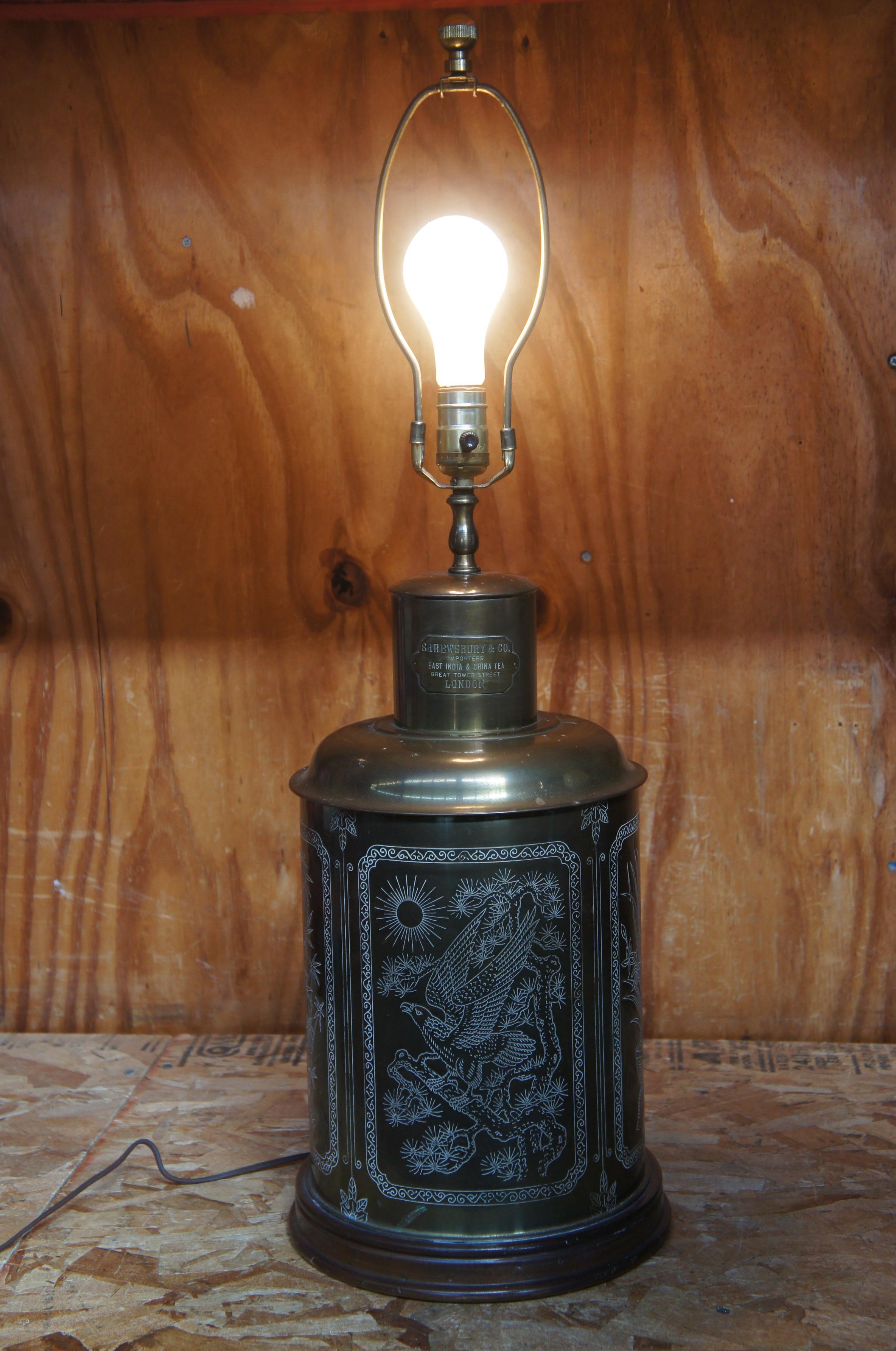 Antique Shrewsbury and Co Brass Chinoiserie Tea Caddy Cannister Table Lamp For Sale 8