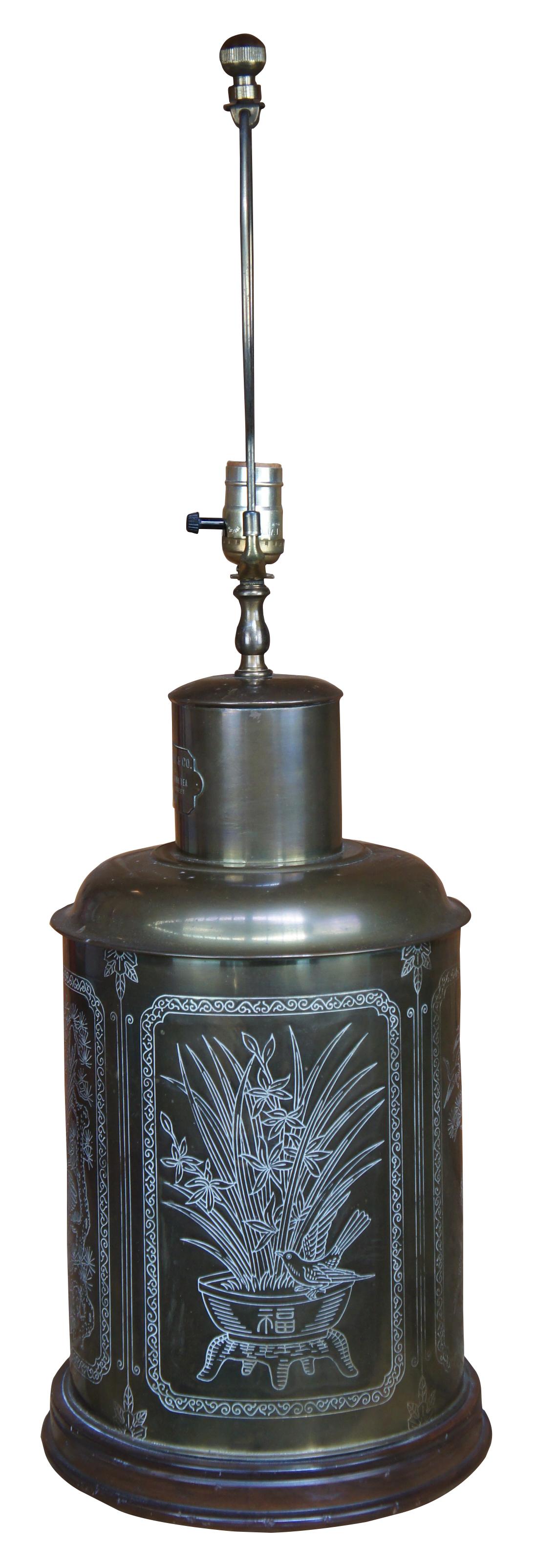 Rare, large brass tea canister stamped Shrewsbury and Co. Importers Great Tower Street London. This tea caddy was converted into a table lamp by Samuel Dinkelspiel of Chicago. Dinkelspiel was a Chicago lamp maker in the early 20th century who