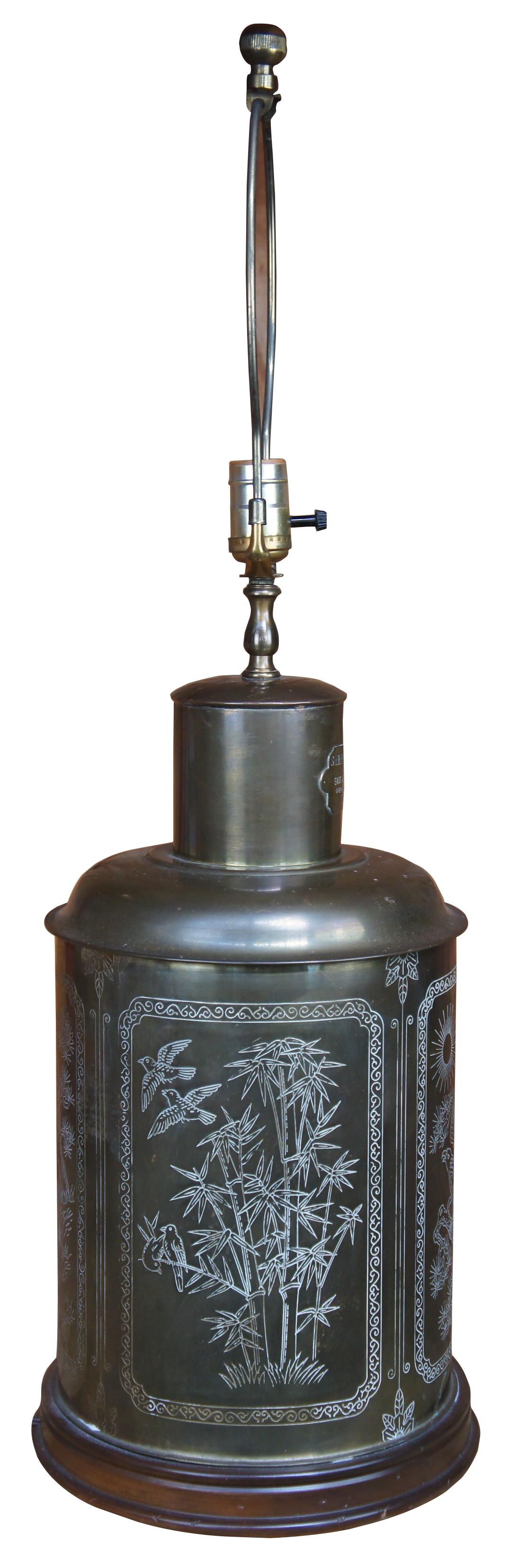Antique Shrewsbury and Co Brass Chinoiserie Tea Caddy Cannister Table Lamp In Good Condition For Sale In Dayton, OH
