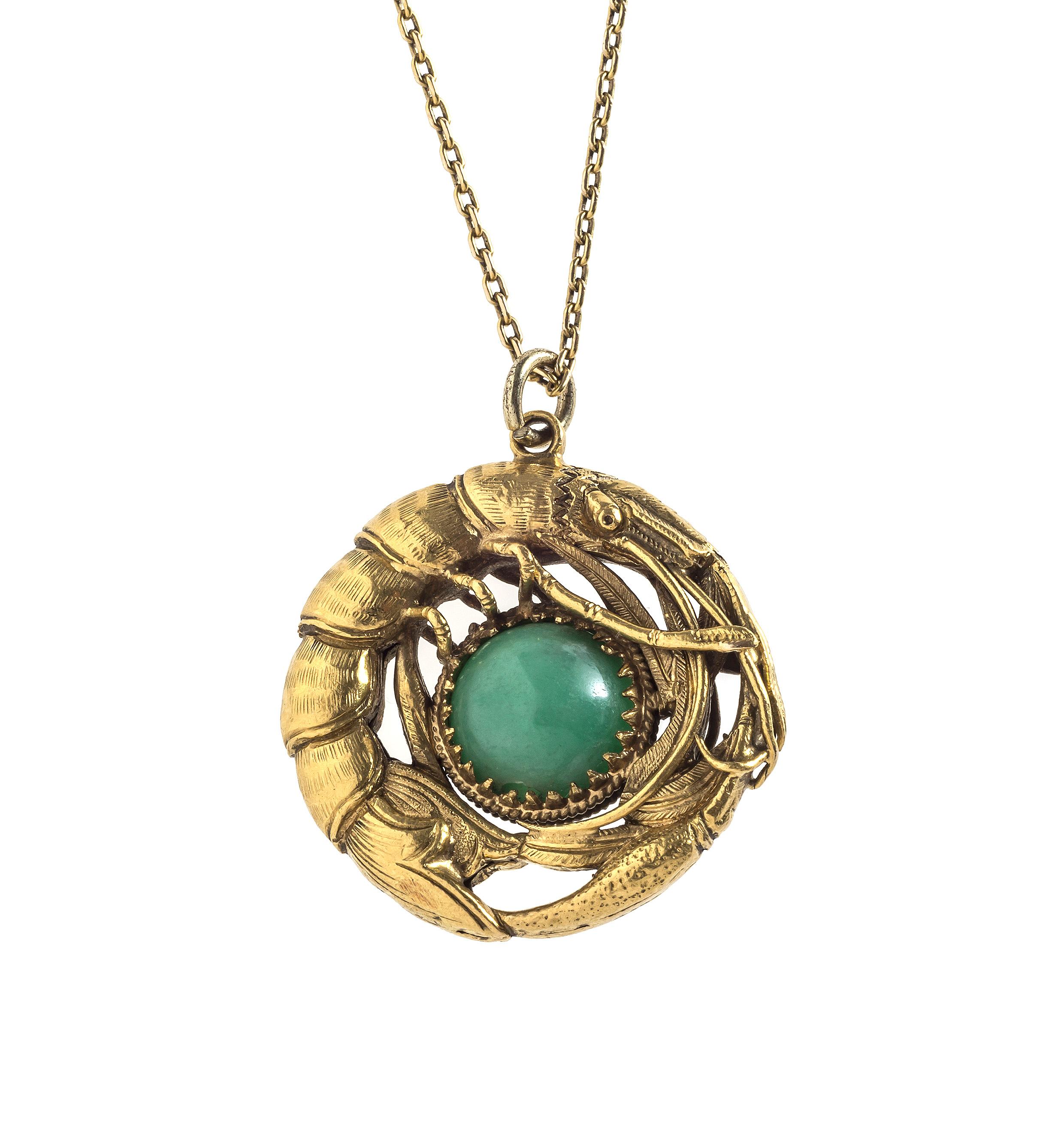 Women's or Men's Antique Shrimp Jade Gold Pendant Necklace
