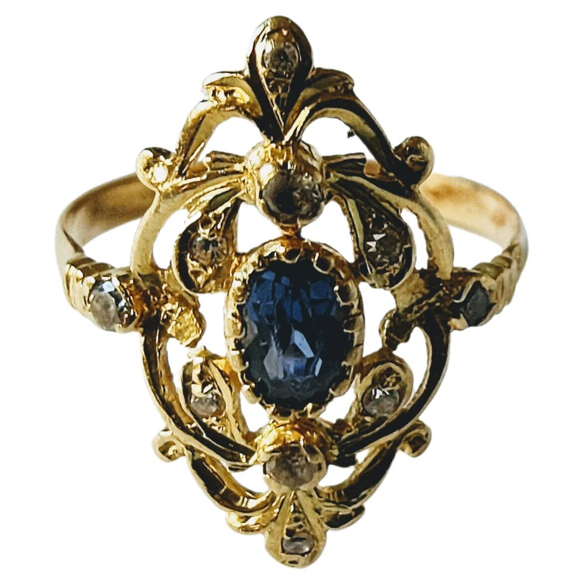 Vintage Antique Shuttle Ring  Circa 1900s Sapphire and Diamonds Yellow Gold 18K For Sale
