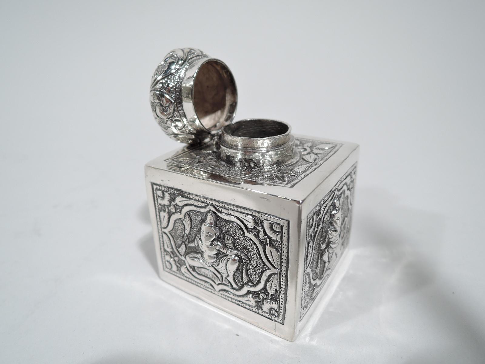 Anglo-Indian Antique Siamese Silver Inkwell with Exotic Figures