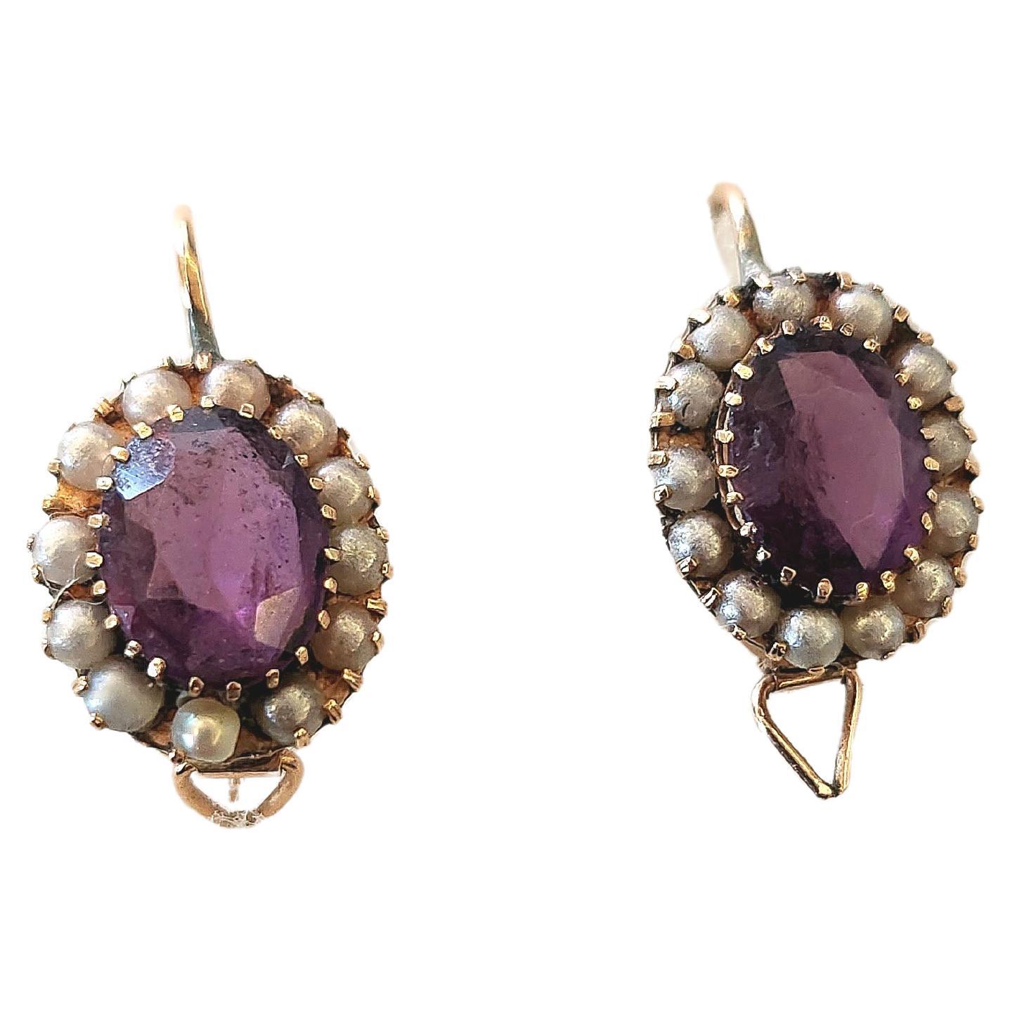 Antique Siberian Amethyst And Pearls Gold Earrings In Good Condition For Sale In Cairo, EG