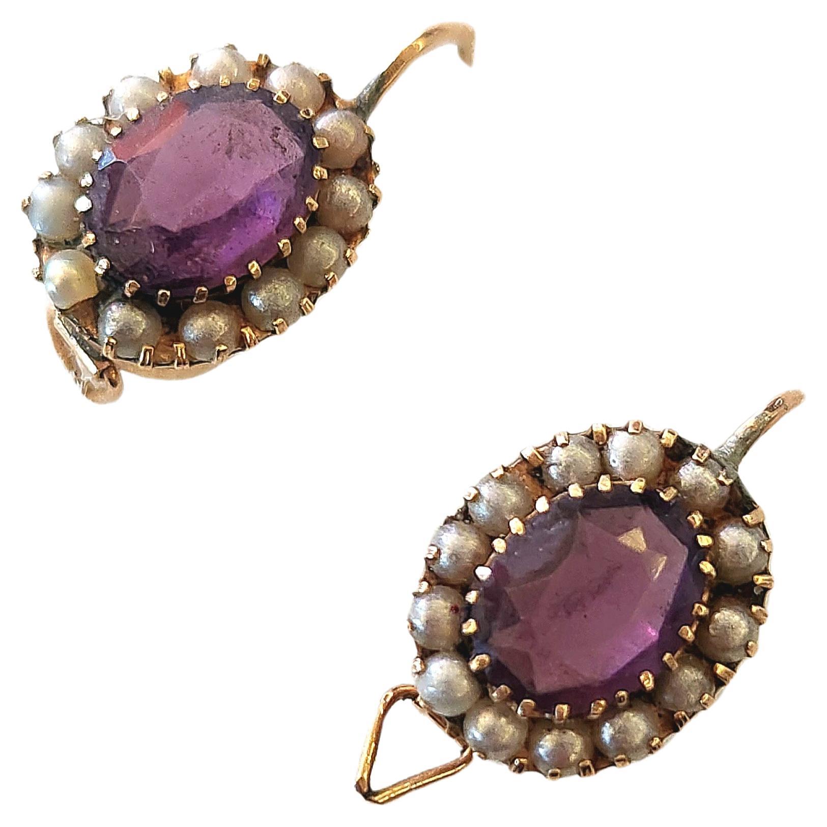 Antique Siberian Amethyst And Pearls Gold Earrings For Sale 1