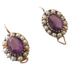 Antique Siberian Amethyst And Pearls Gold Earrings