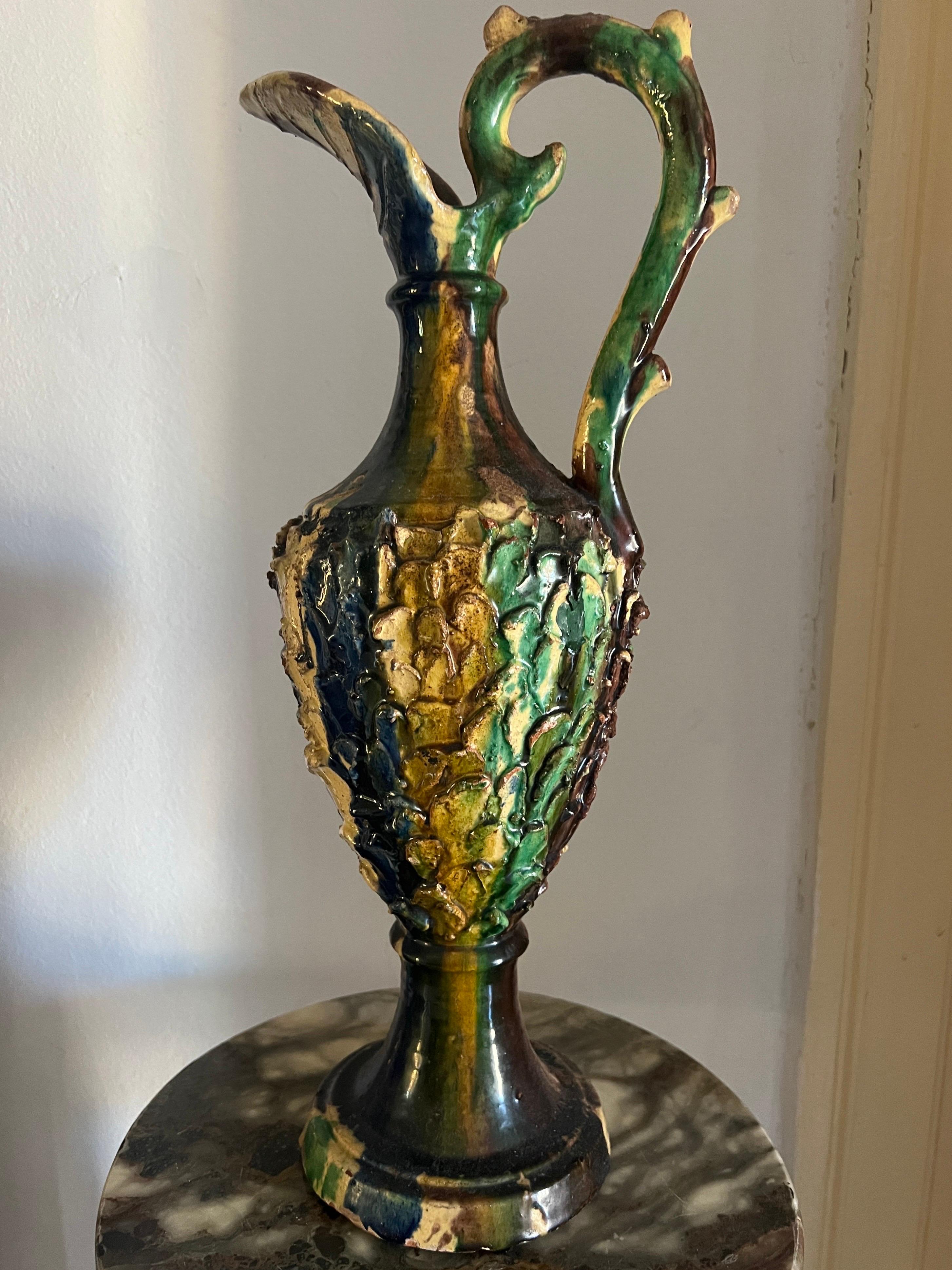 Rustique Ancienne carafe en céramique émaillée sicilienne, Italie, 19e siècle en vente