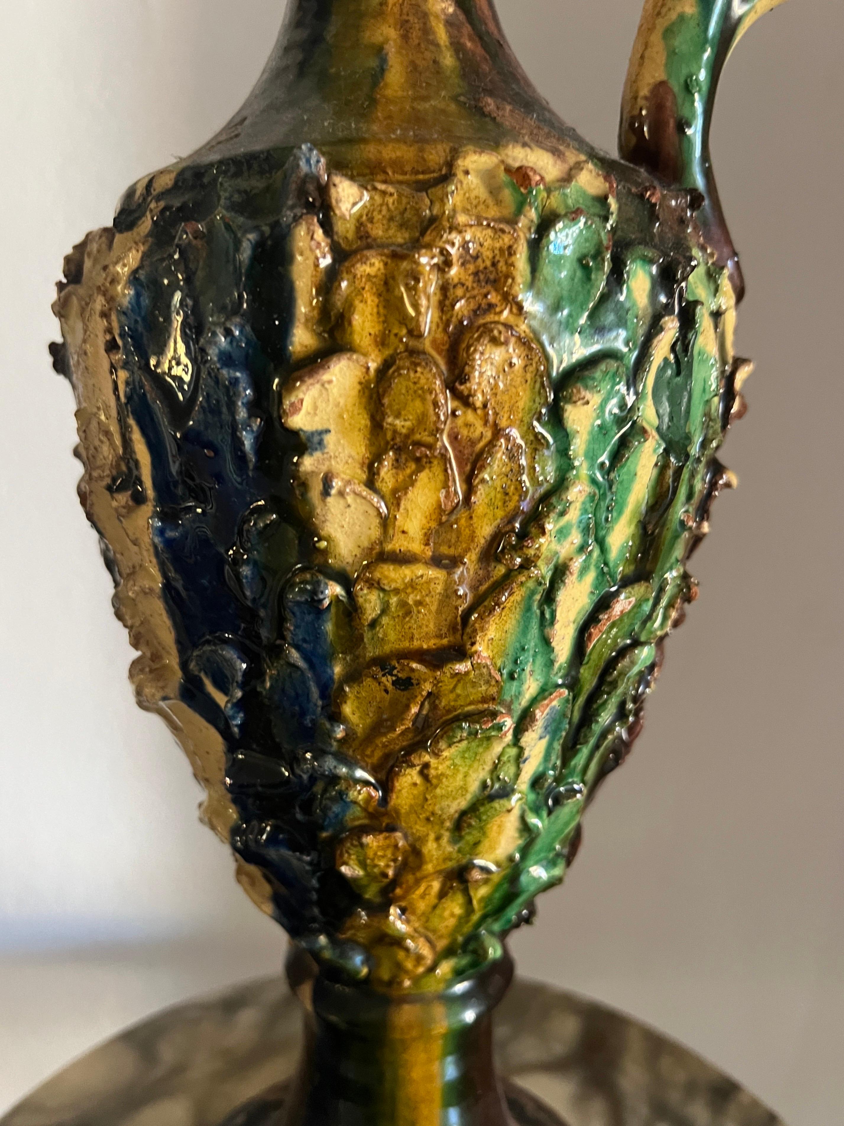 italien Ancienne carafe en céramique émaillée sicilienne, Italie, 19e siècle en vente