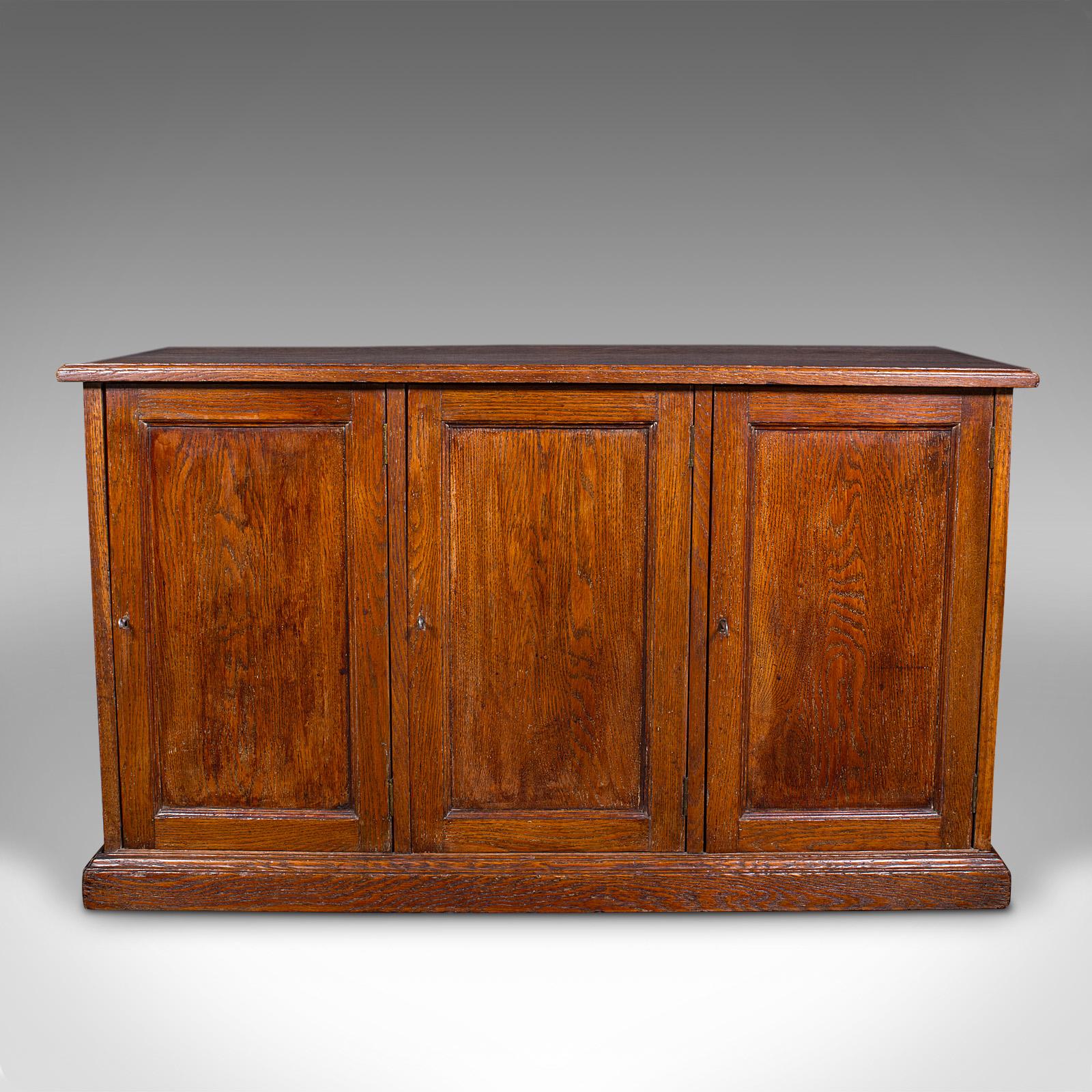 
This is an antique three-door side cabinet. An English, oak hall cupboard or country house lounge storage, dating to the late Victorian period, circa 1880.

Appealing Victorian cabinetry, ideal for use throughout the house
Displays a desirable aged