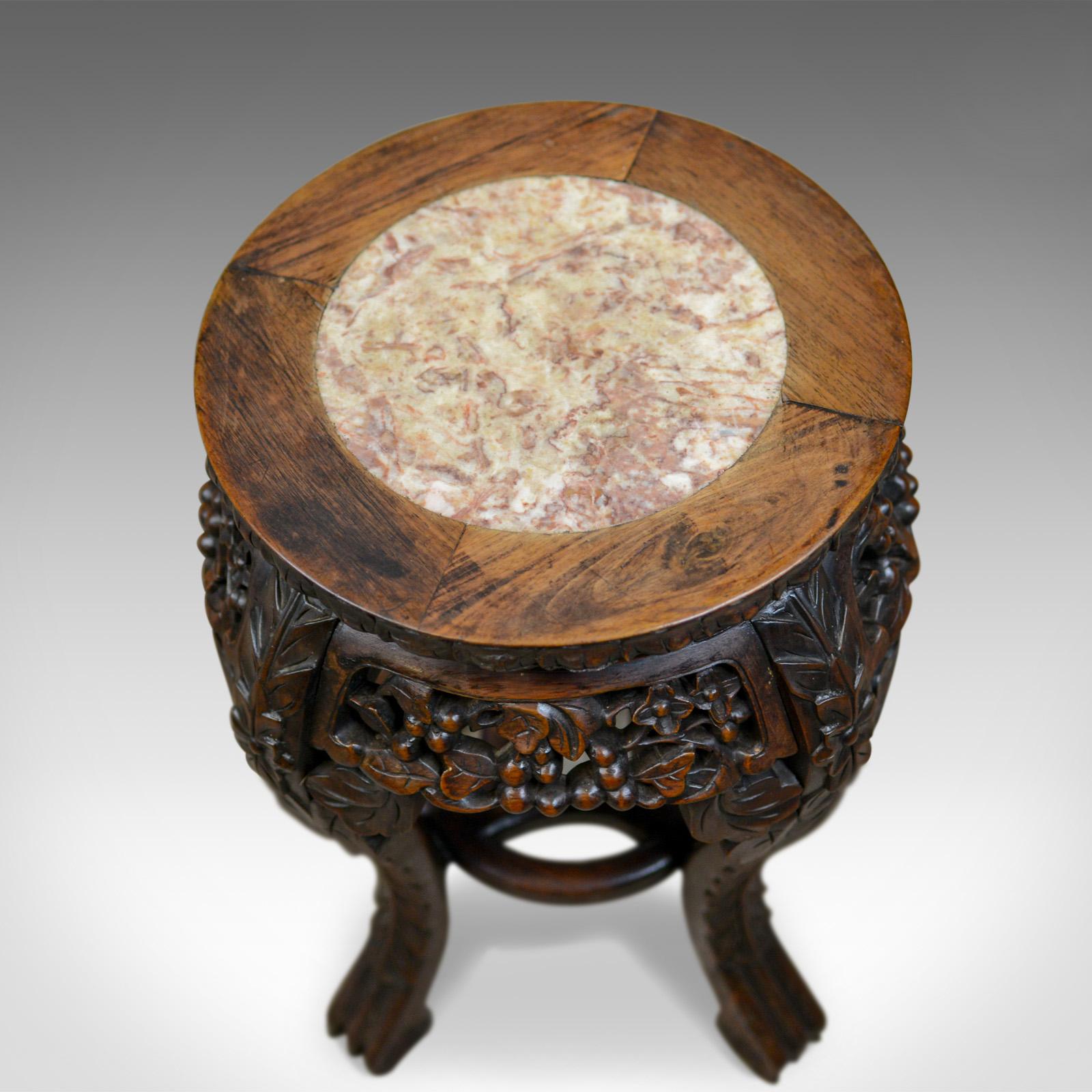 Chinese Export Antique Side Table, Carved, Chinese, Stand, Teak, Marble, circa 1900