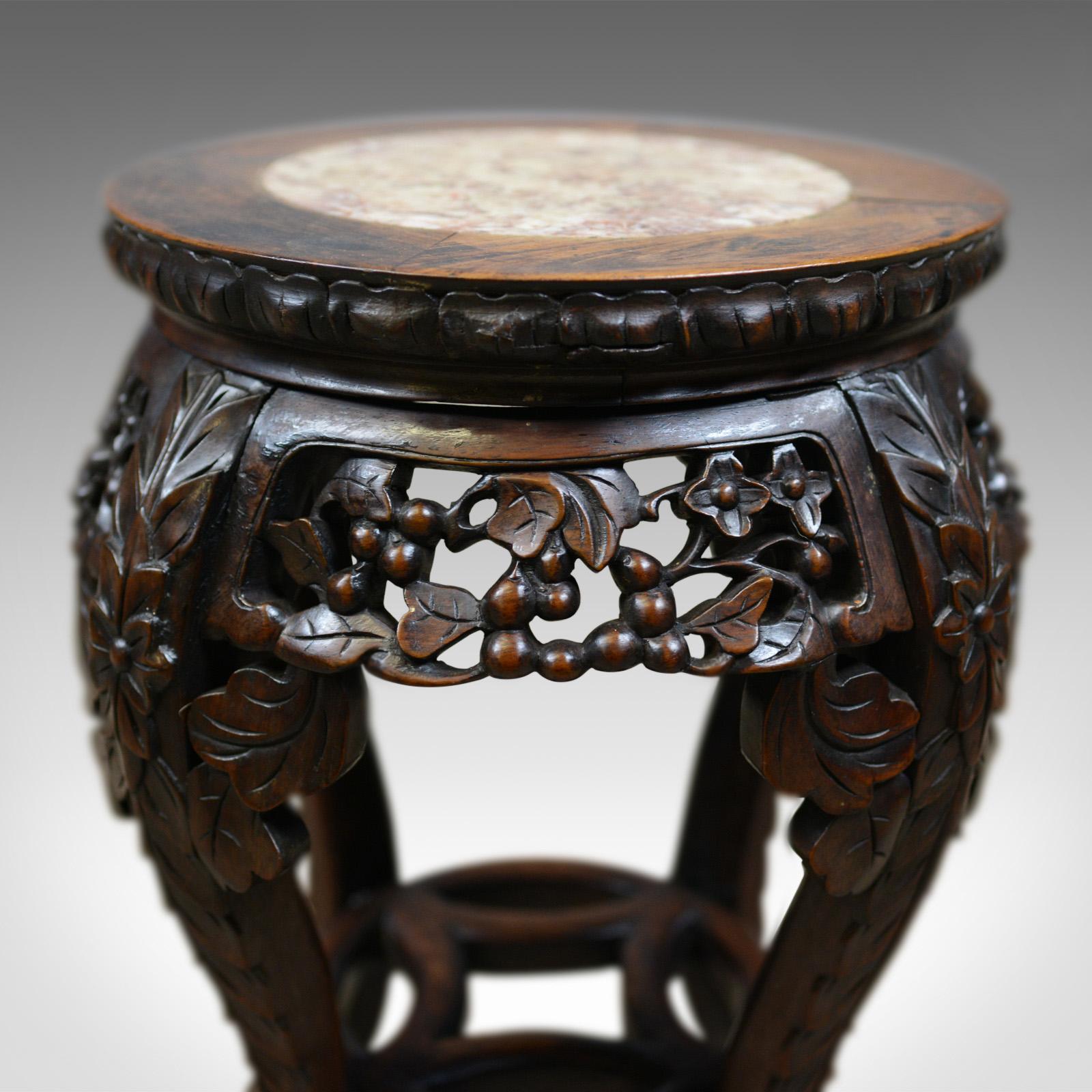 Antique Side Table, Carved, Chinese, Stand, Teak, Marble, circa 1900 In Good Condition In Hele, Devon, GB