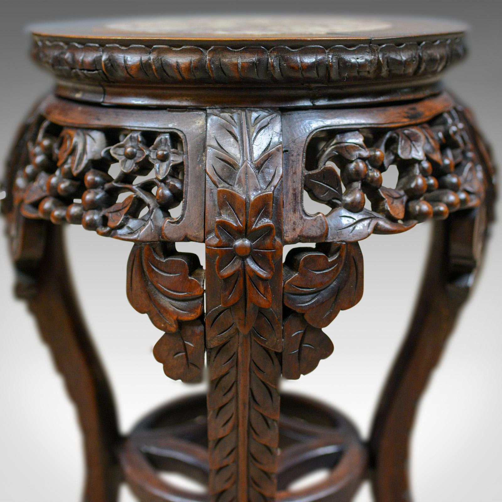 19th Century Antique Side Table, Carved, Chinese, Stand, Teak, Marble, circa 1900
