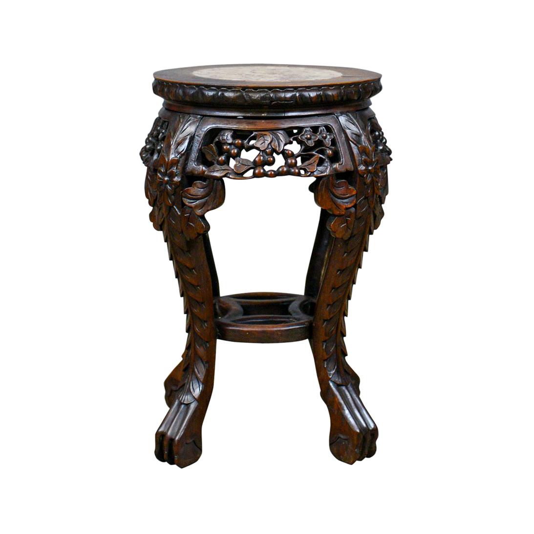 Antique Side Table, Carved, Chinese, Stand, Teak, Marble, circa 1900