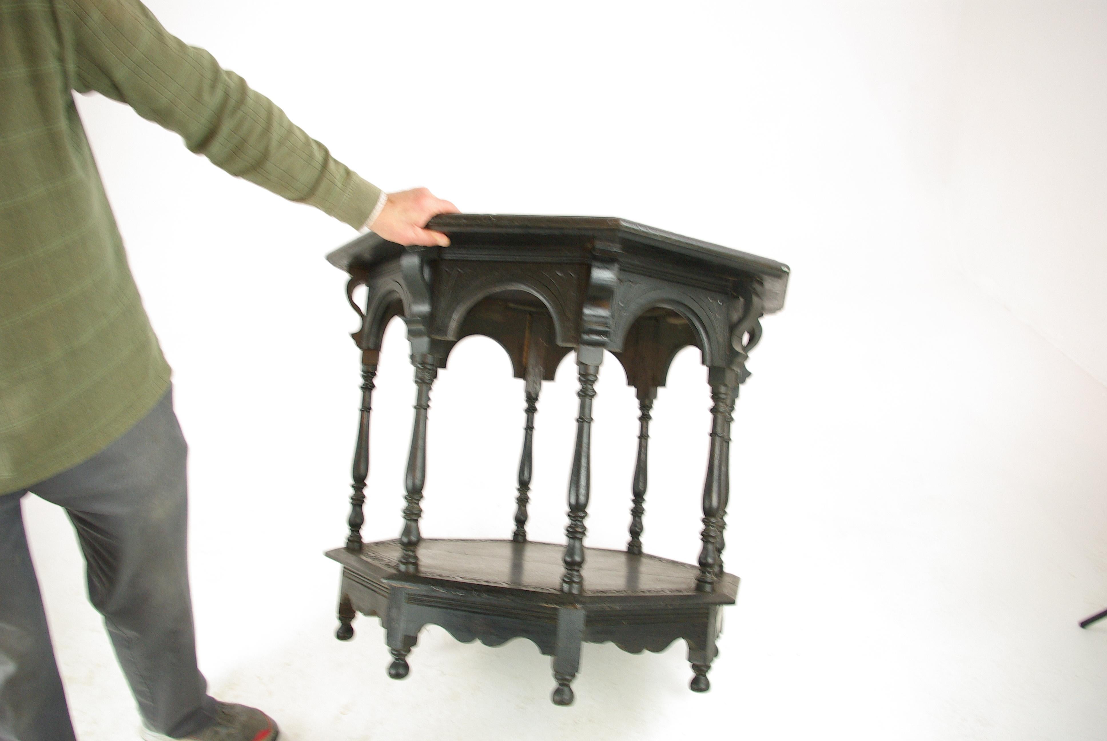 Hand-Carved Antique Side Table, Jacobean Oak Octagonal Center Table, Scotland 1890s, B1363