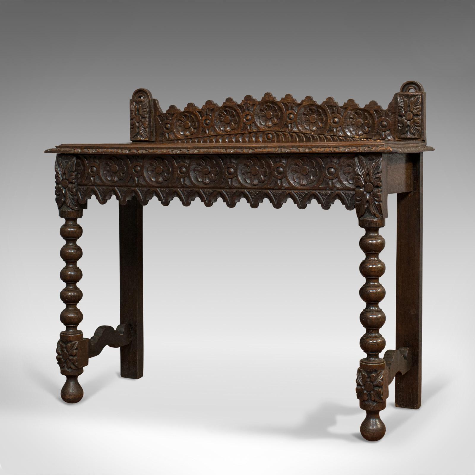 Hand-Carved Antique Side Table, Scottish, Oak, Console, Bobbin Turned, Victorian, circa 1870
