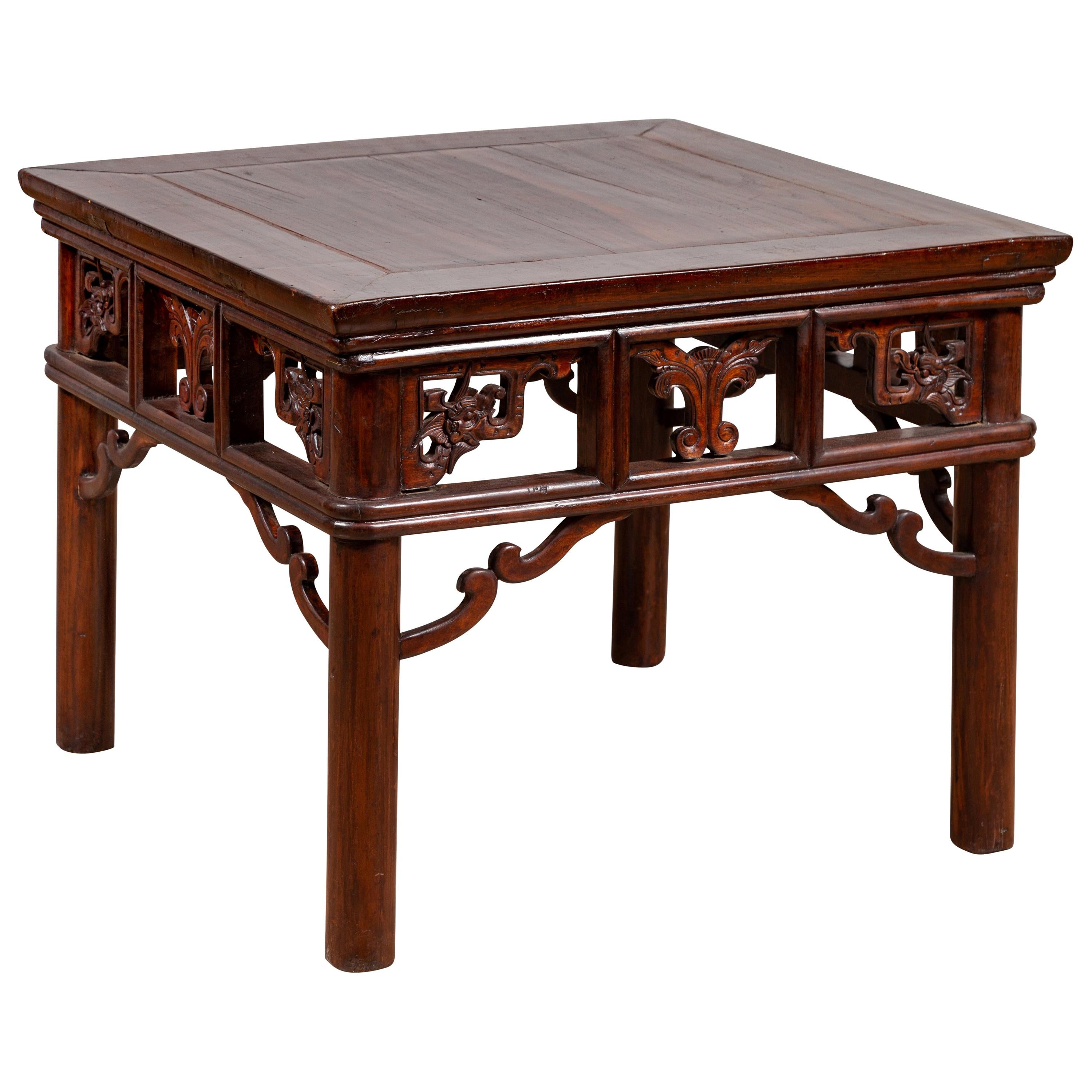 Antique Side Table with Open Fretwork Design and Dark Wood Patina
