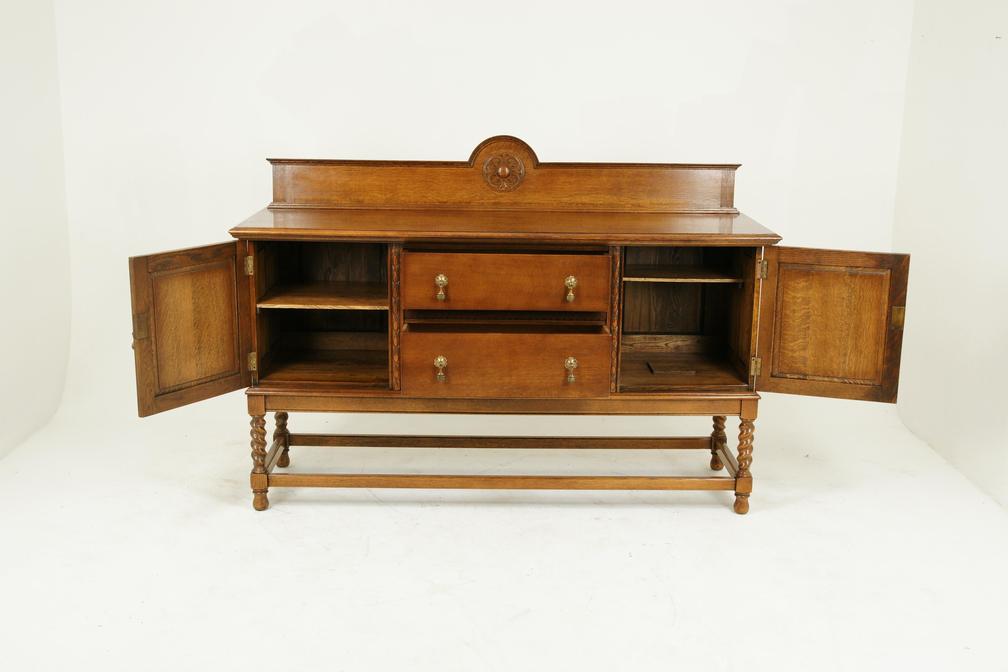 Antique sideboard, antique buffet, carved oak credenza, Scotland 1920, Antique Furniture, B1532

Scotland 1920
Solid oak construction
Golden oak finish
Upstand back with central rectangular molded top
Pair of large deep drawers with original