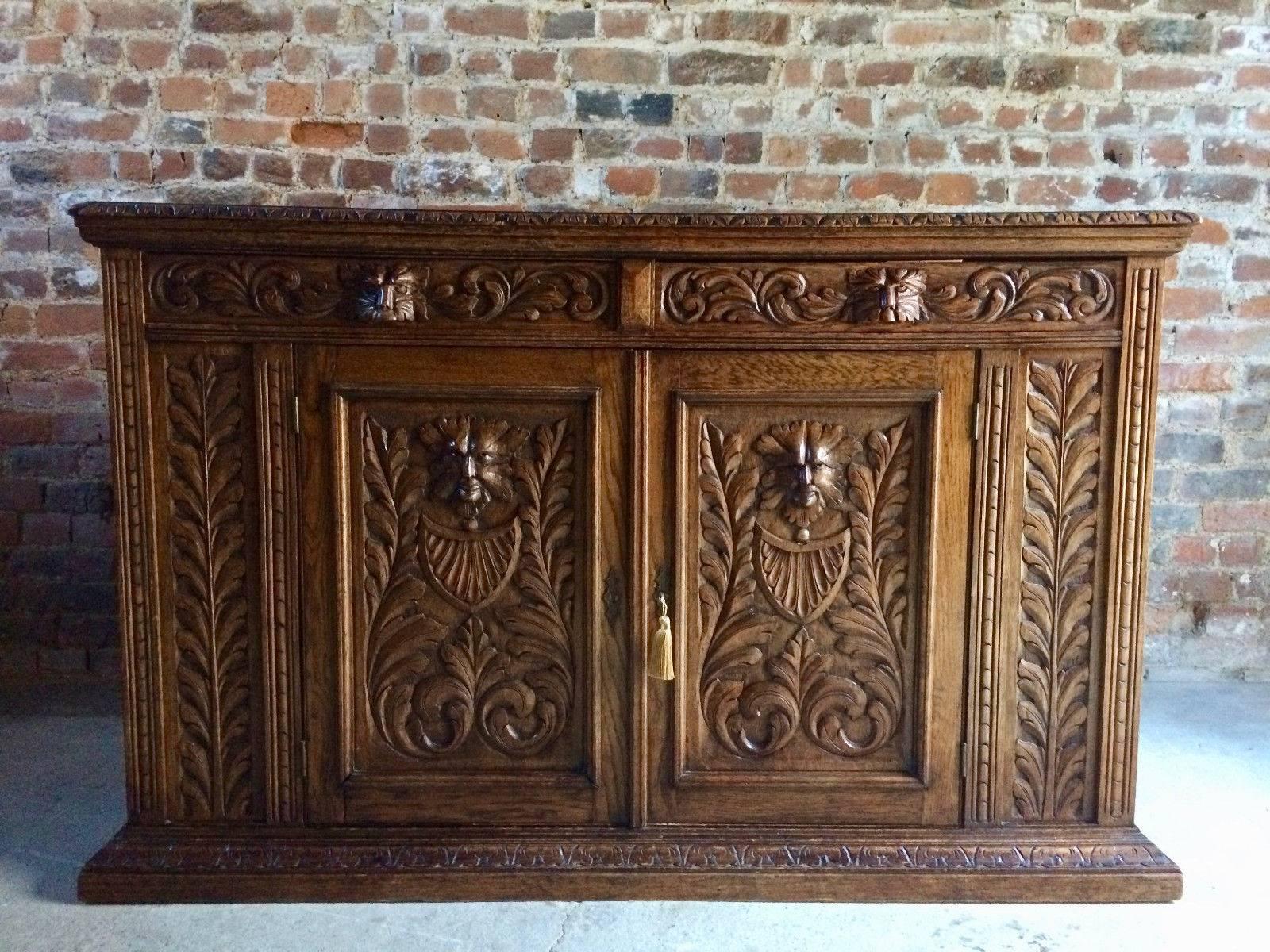 Antique Sideboard Credenza Buffet Green Man Solid Oak Victorian, 19th Century In Good Condition In Longdon, Tewkesbury