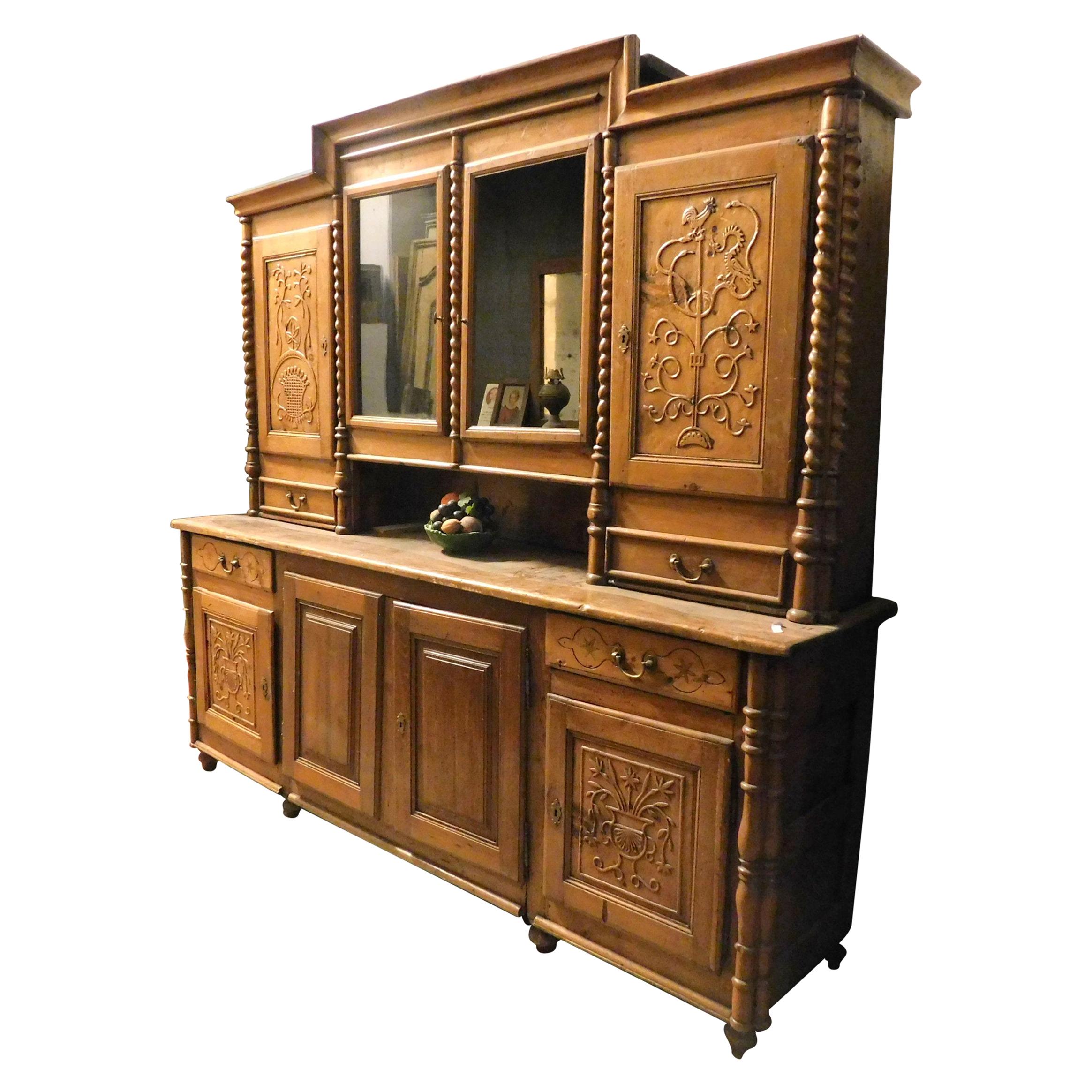 Antique Sideboard, Double Body, Larch Wood, Carved Mountain Theme, 1800, Italy For Sale