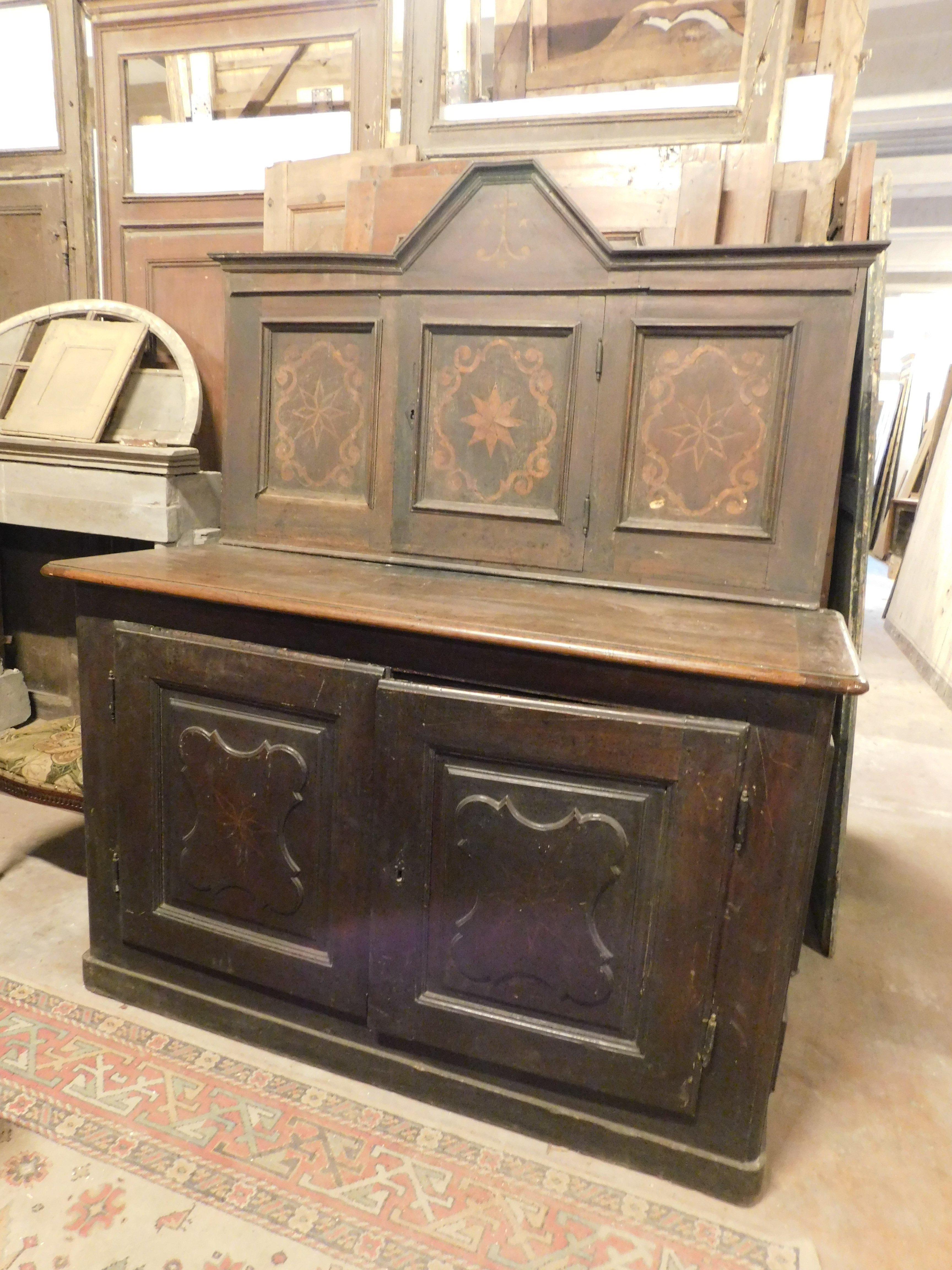Antique Sideboard in Walnut Inlays, Chest of Drawers and Placard, '700 Italy For Sale 6
