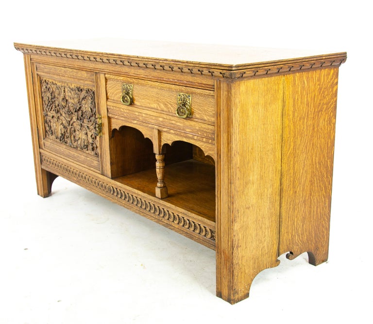 Antique Oak Sideboard, Victorian Tiger Oak Buffet Server, Scotland