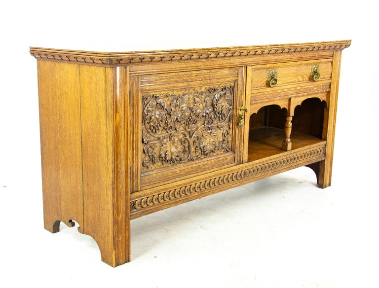 Antique Oak Sideboard, Victorian Tiger Oak Buffet Server, Scotland